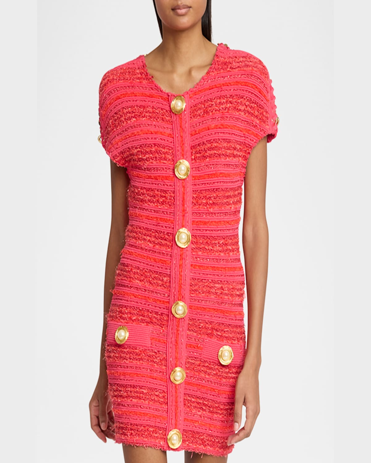 Balmain Chain Short-sleeve Tweed Mini Dress In Pink Multi