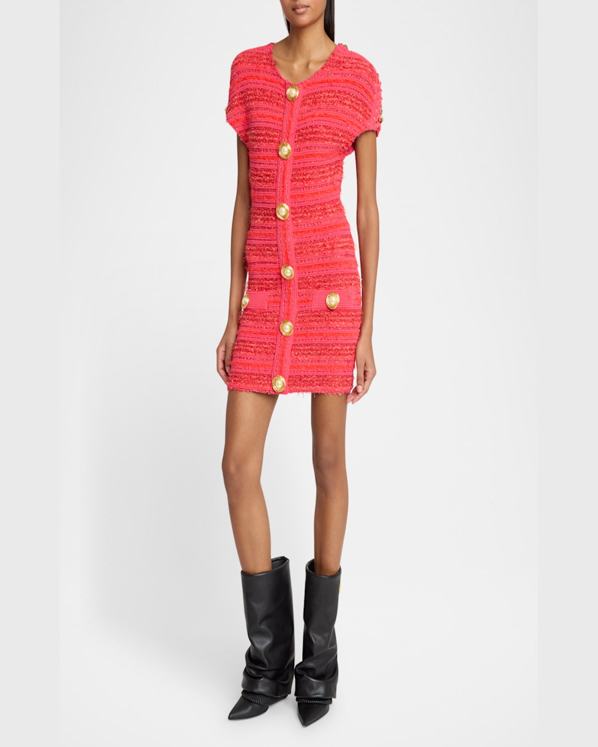 Balmain Chain Short-sleeve Tweed Mini Dress In Pink Multi