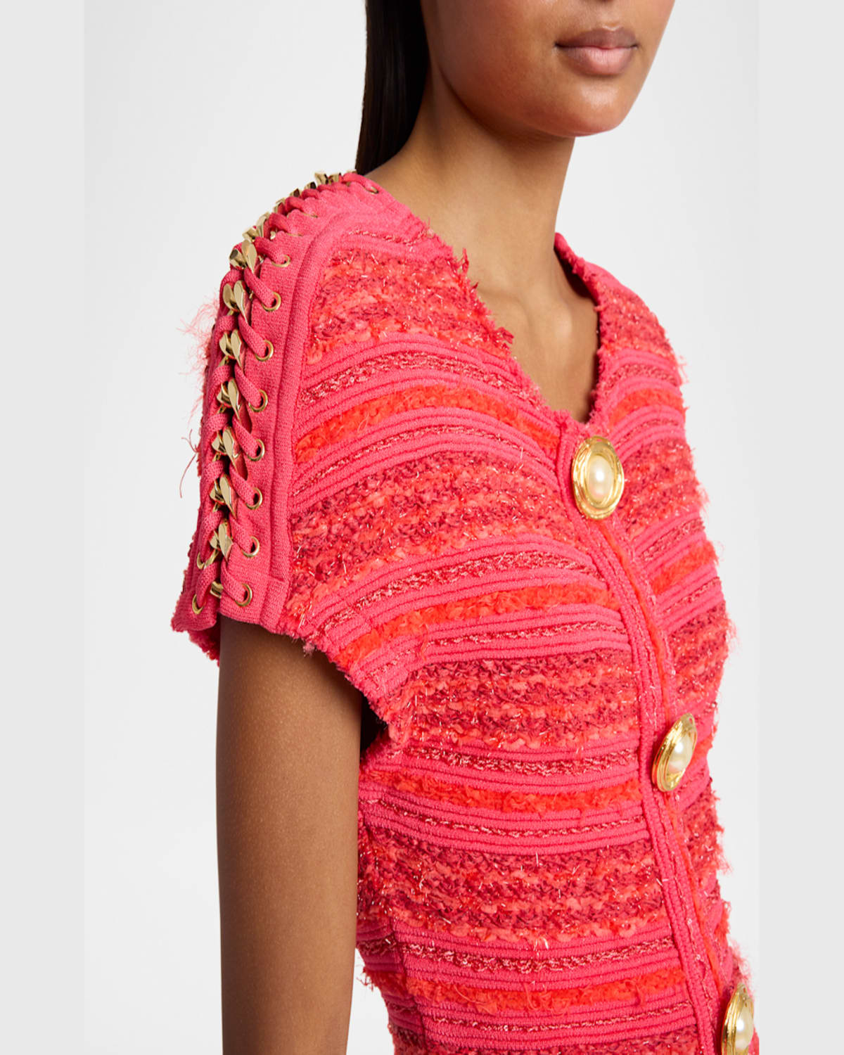 Balmain Chain Short-sleeve Tweed Mini Dress In Pink Multi