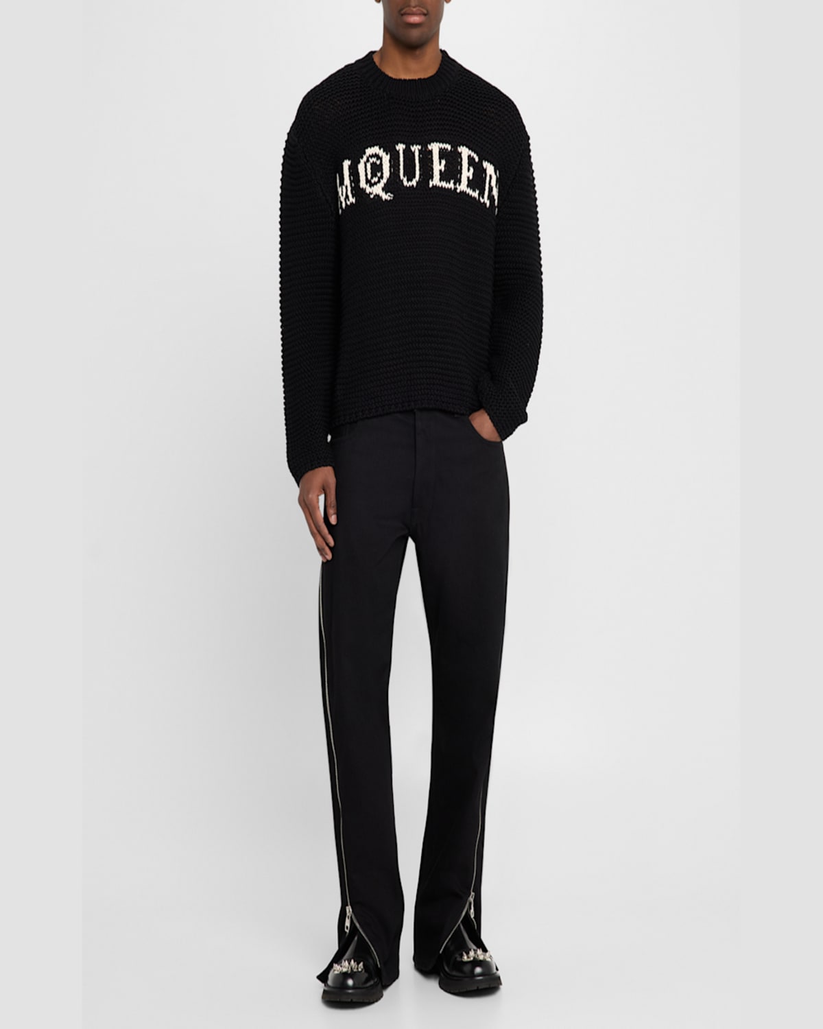 Alexander Mcqueen Logo Crewneck Cotton Sweater In Lead/ivory
