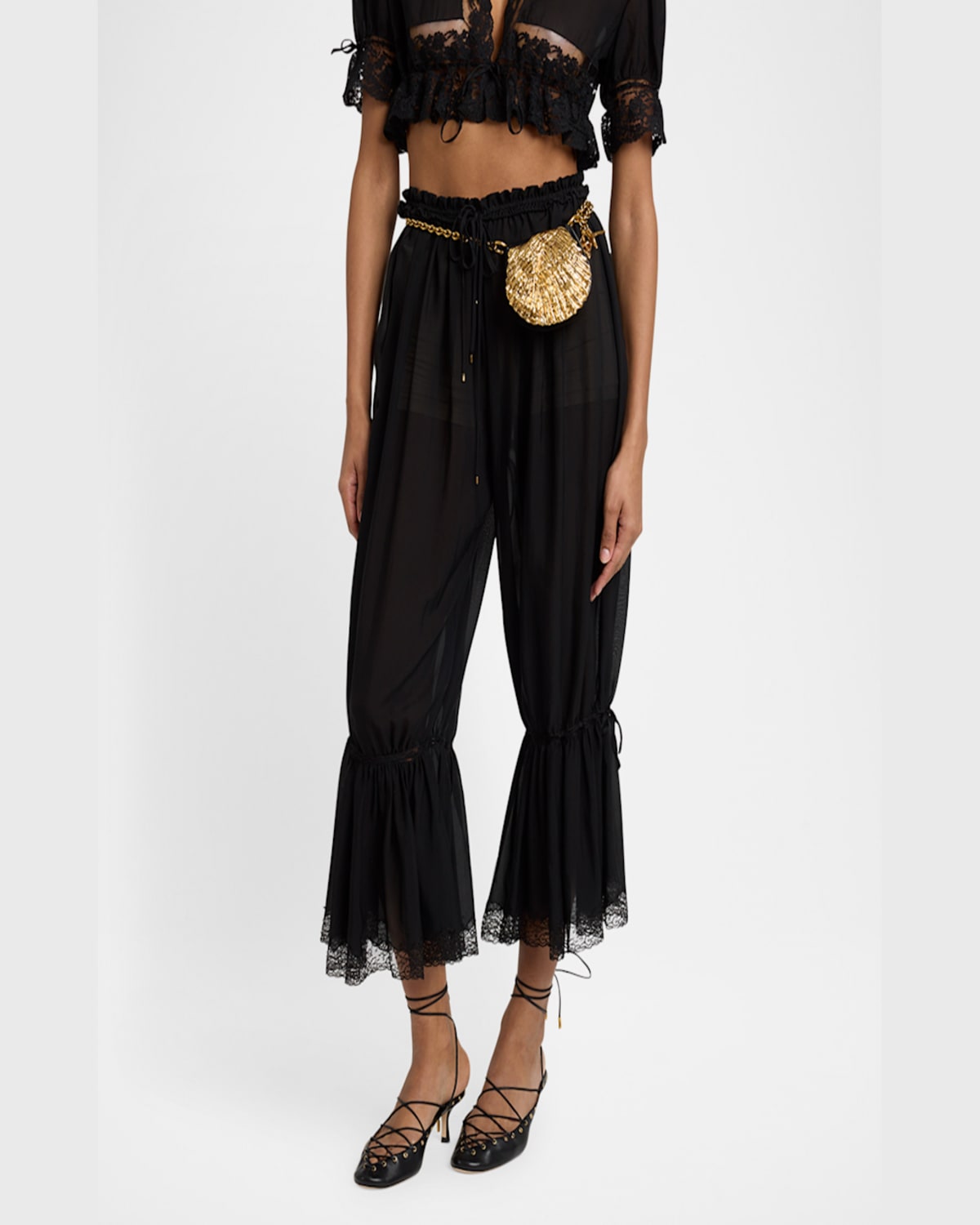 Chloé Drawstring Lace-trim Cropped Pants In Black