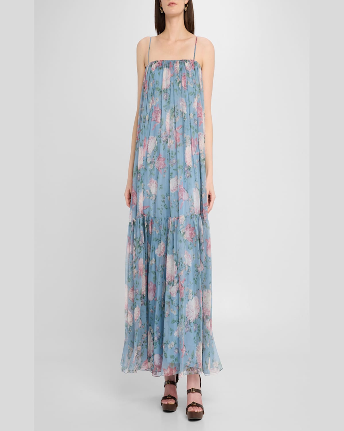 Shop Chloé Long Floral Print Tiered Silk Dress In Grizzled Blue