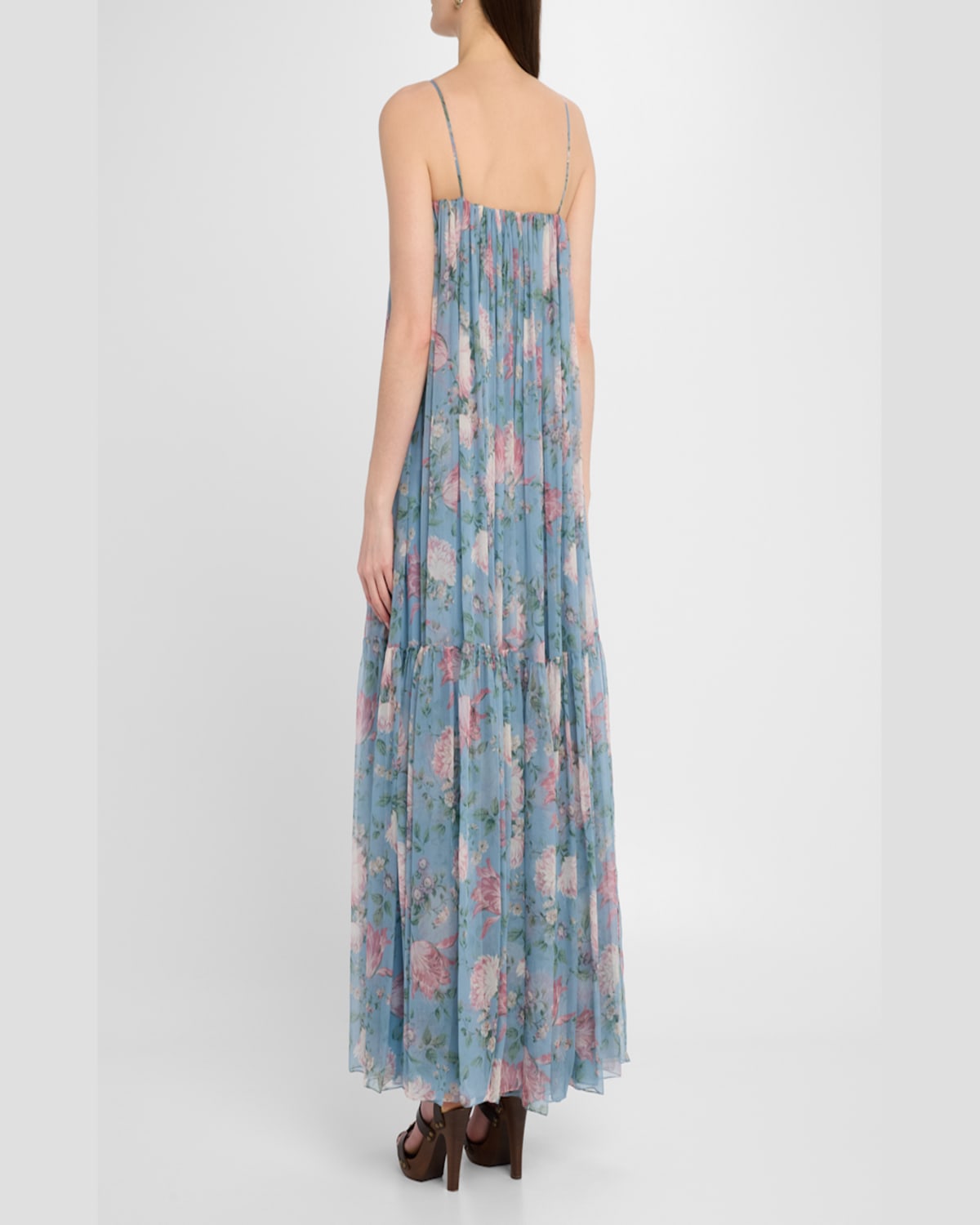 Shop Chloé Long Floral Print Tiered Silk Dress In Grizzled Blue