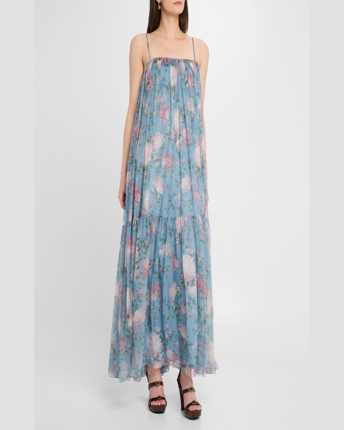 Shop Chloé Long Floral Print Tiered Silk Dress In Grizzled Blue