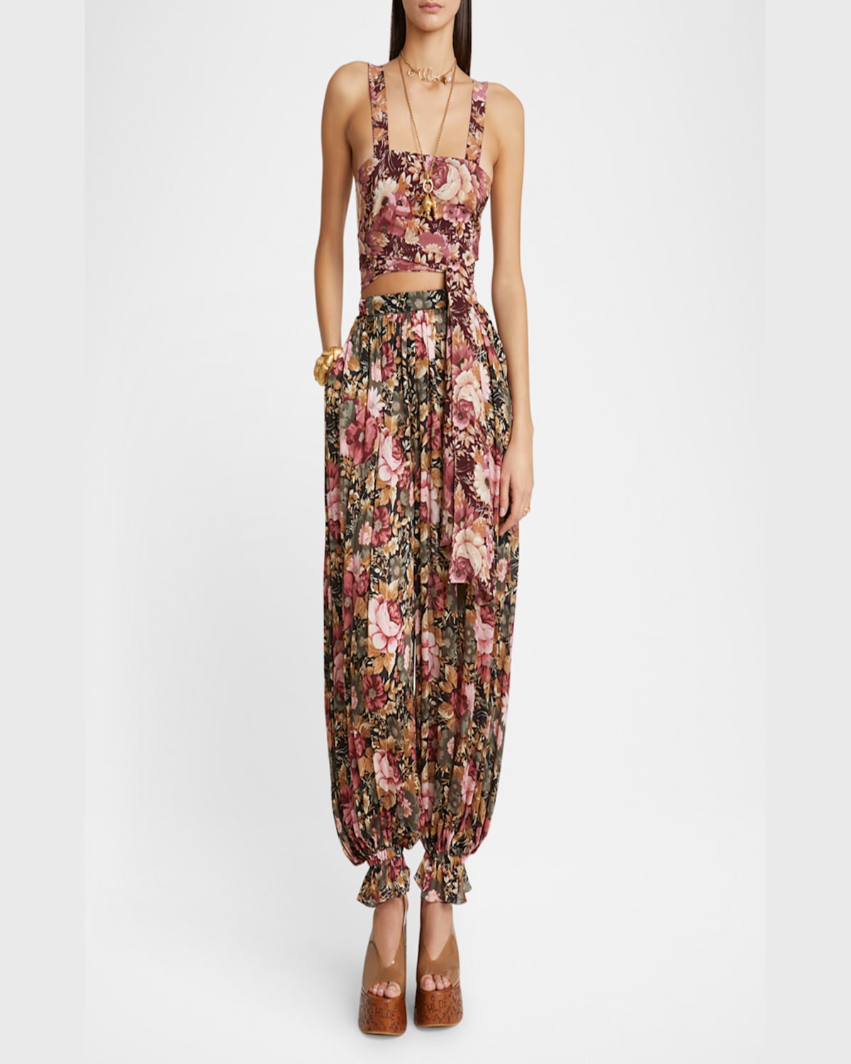 Shop Chloé Floral Pleated Silk Pants In Black