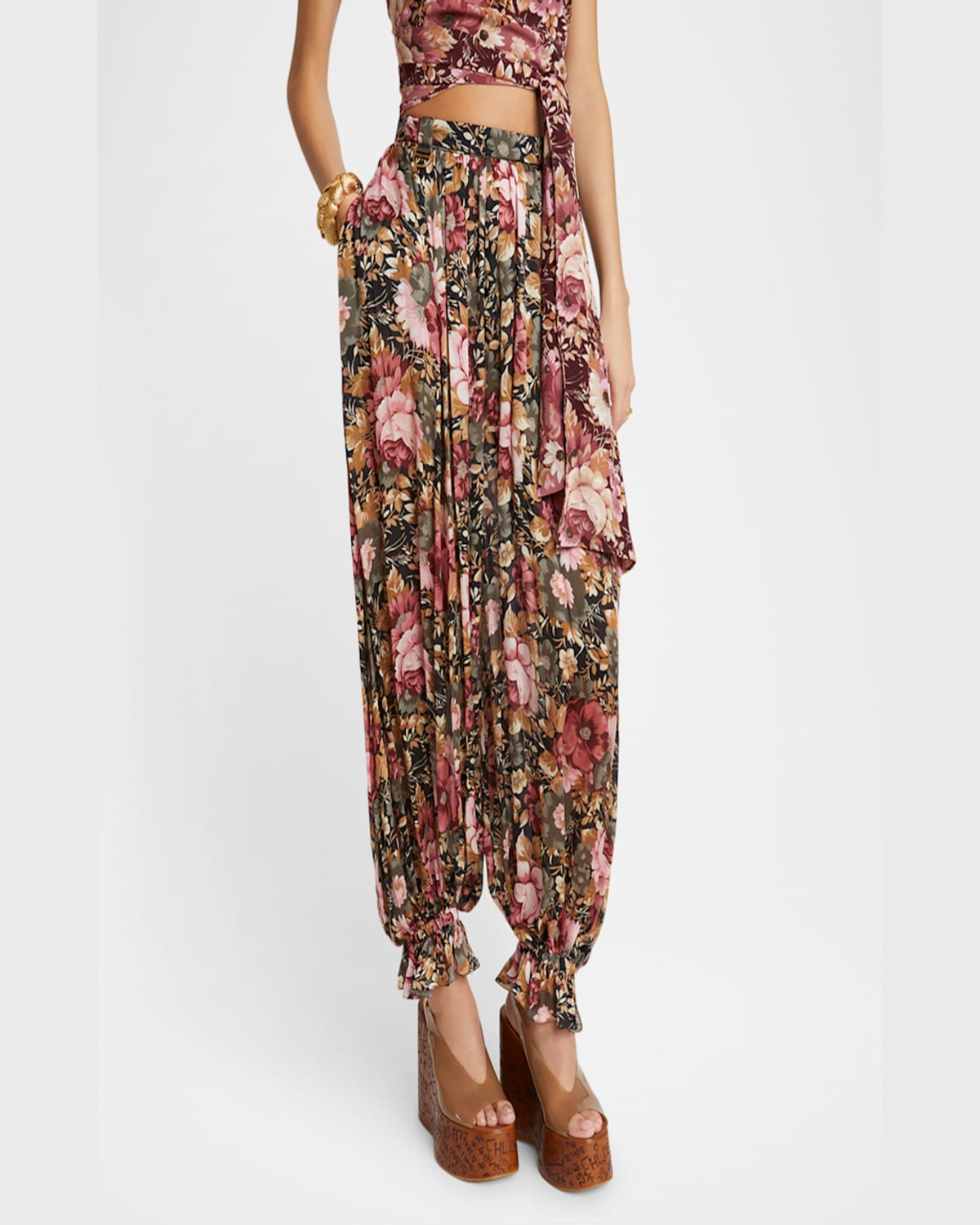 Shop Chloé Floral Pleated Silk Pants In Black