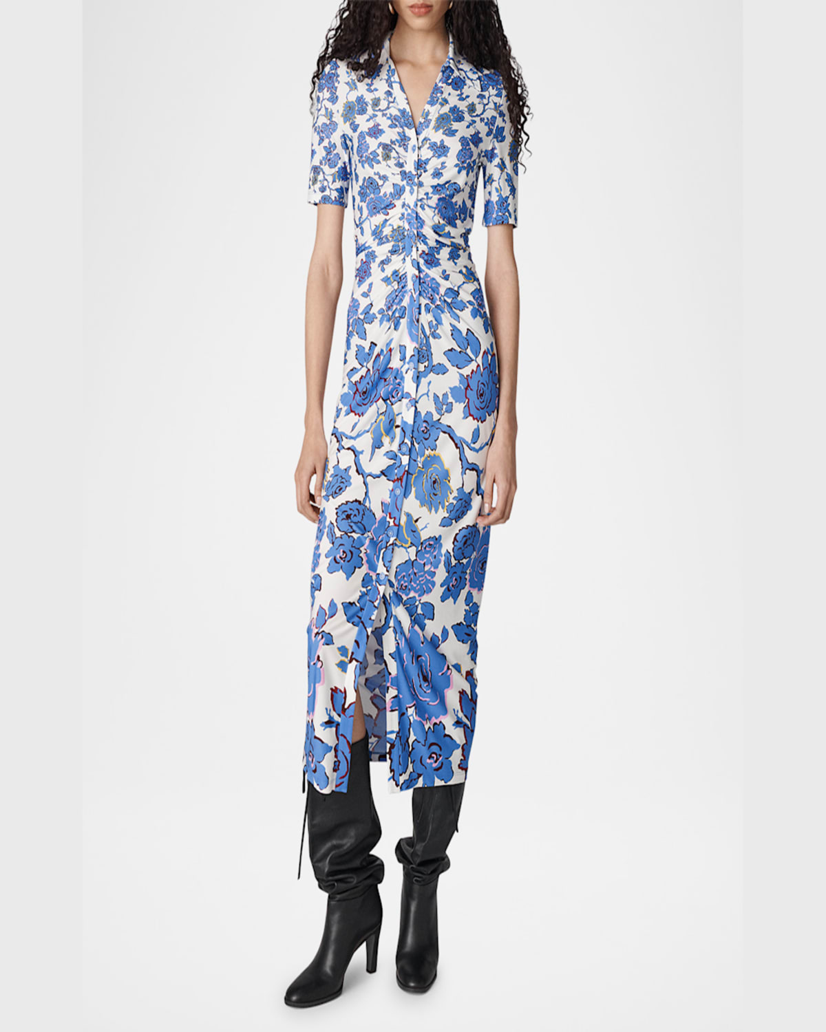 Diane Von Furstenberg Zoey Ruched Floral-print Midi Dress In China Vine Degrade