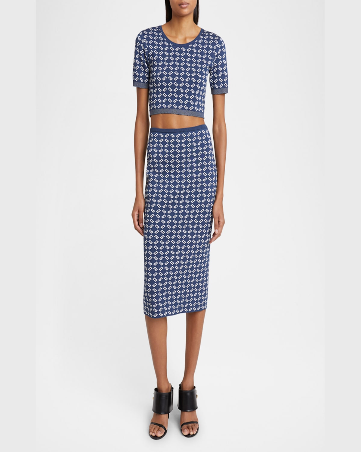 Givenchy Short Sleeve Crew Neck Geometric Pattern Top In Denim Blue