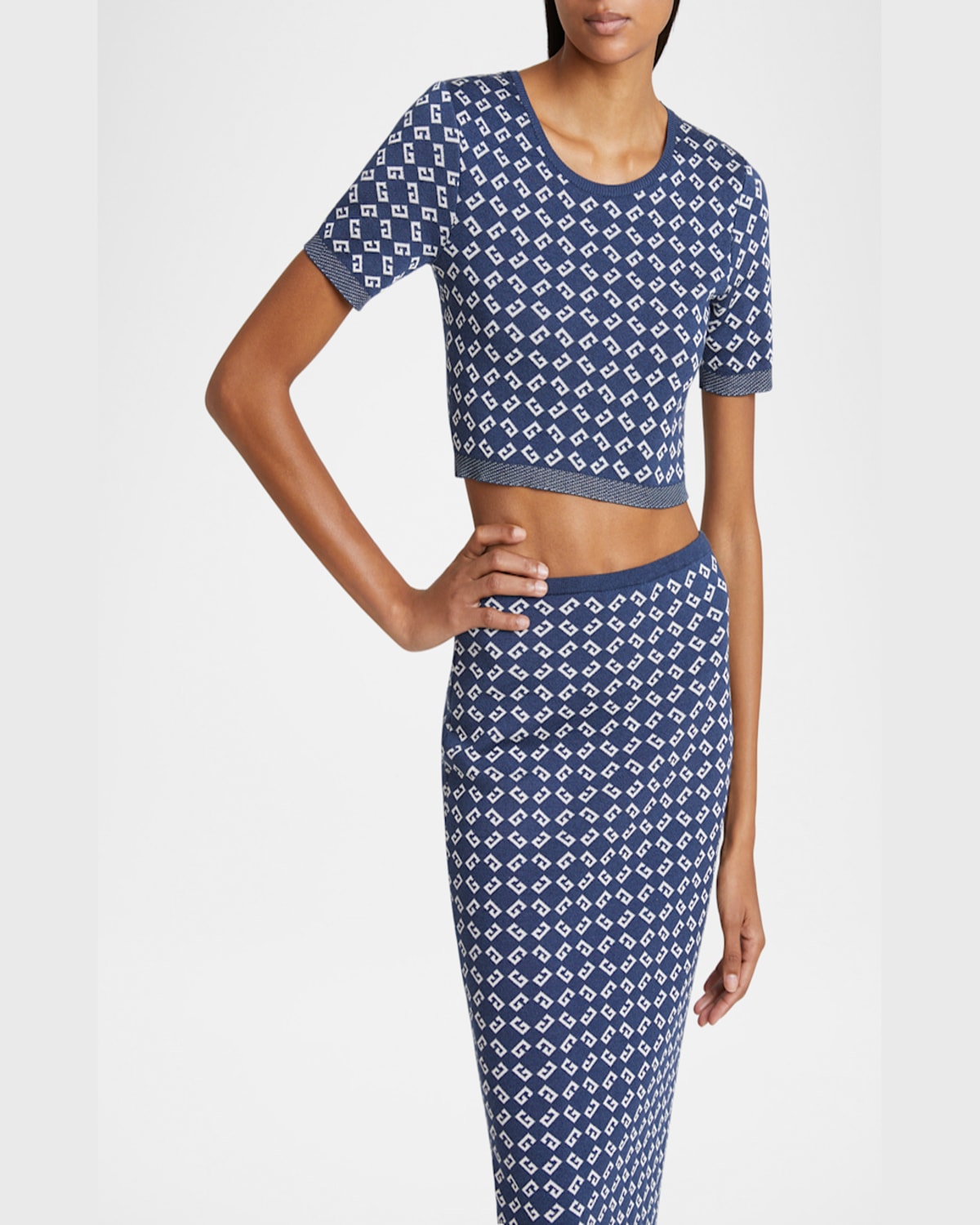 Givenchy Short Sleeve Crew Neck Geometric Pattern Top In Denim Blue