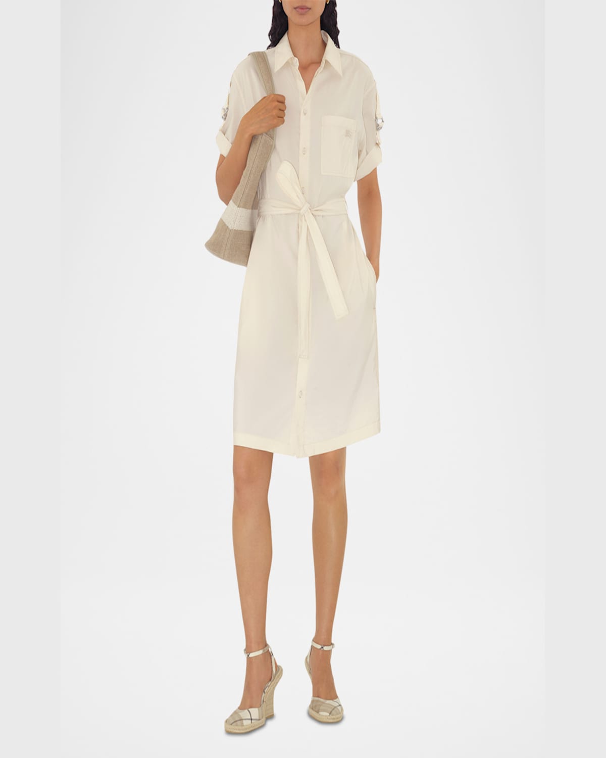 Shop Burberry Ekd Short-sleeve Belted Shirtdress In Off White