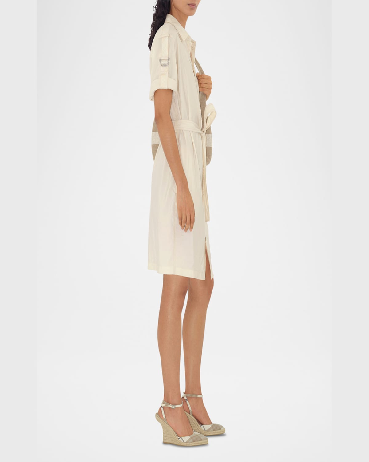 Shop Burberry Ekd Short-sleeve Belted Shirtdress In Off White