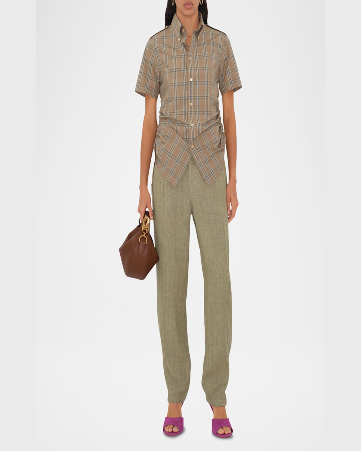 Burberry Check Shirt With Short Sleeves And Adjustable Side Ties In Nut Ip Check
