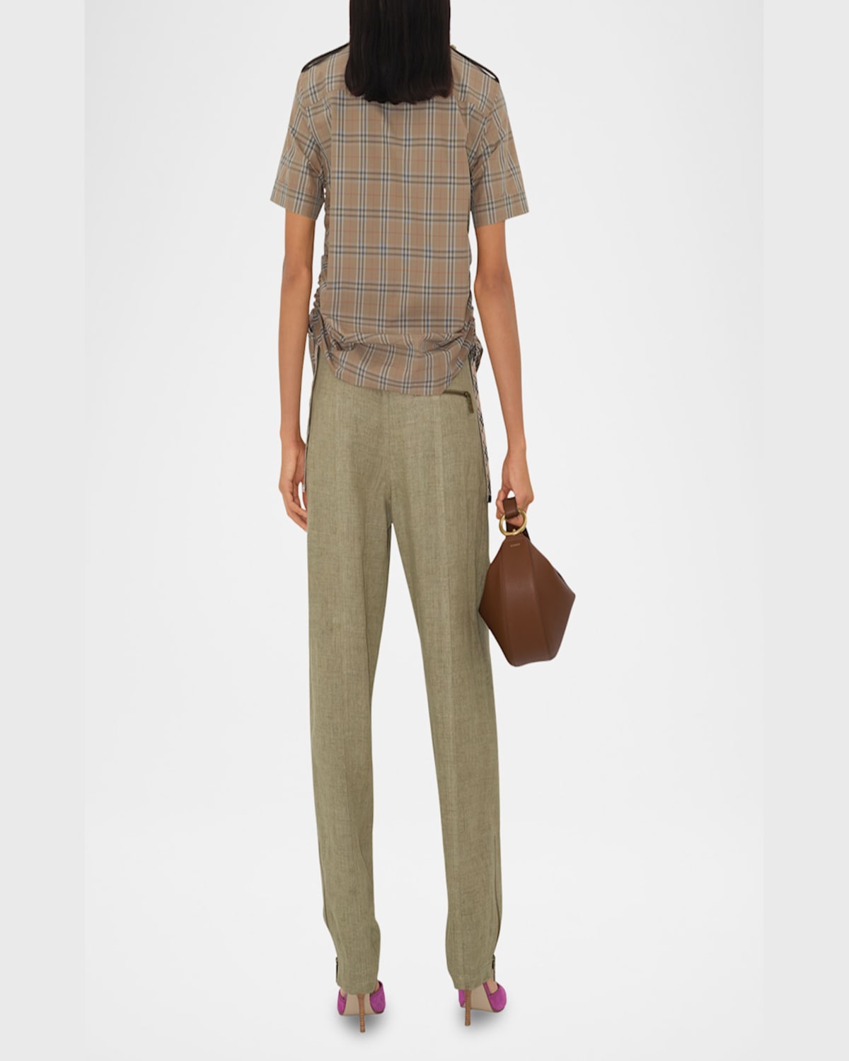 Burberry Check Shirt With Short Sleeves And Adjustable Side Ties In Nut Ip Check