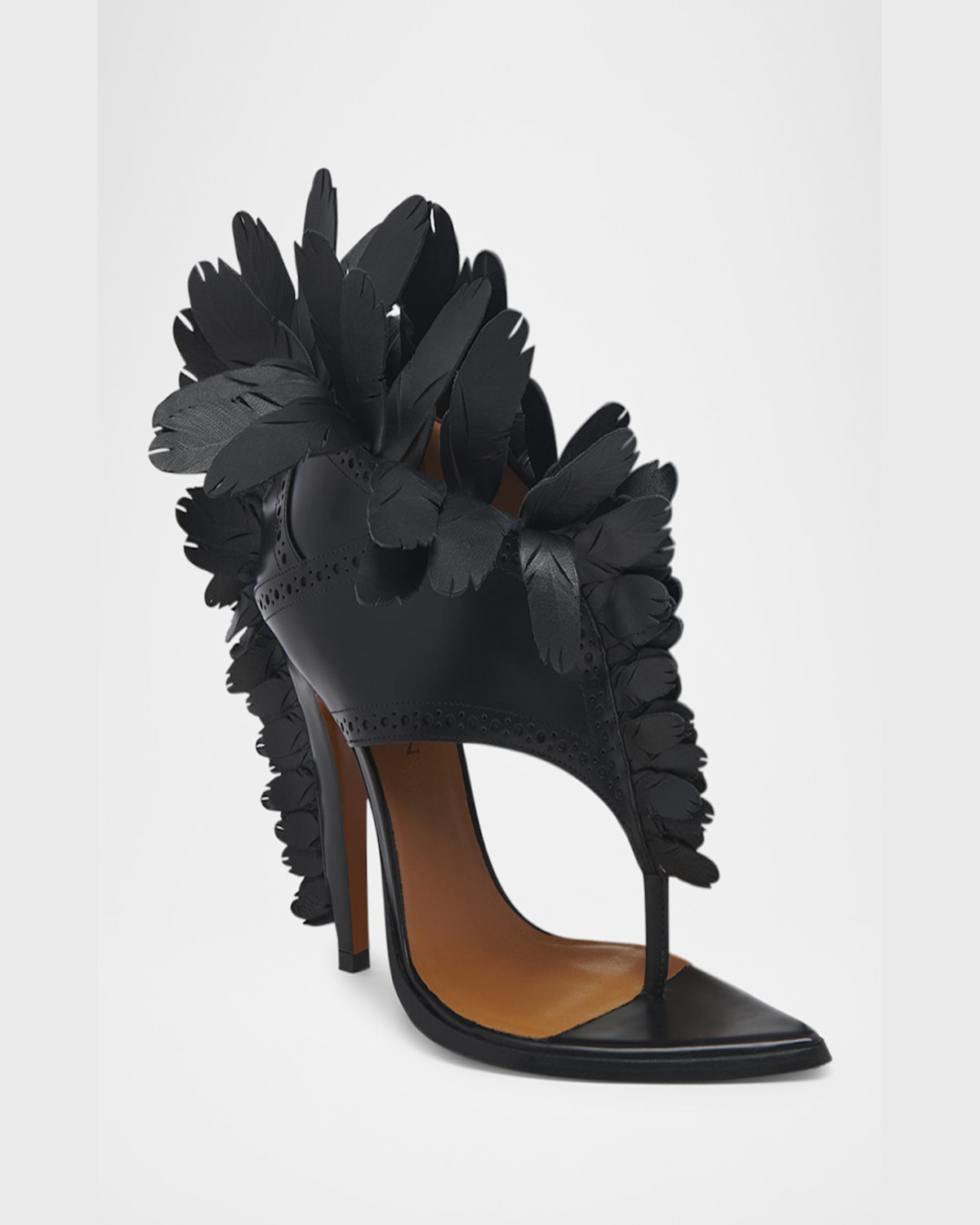 Alexander Mcqueen Leather Feather Thong Sandals In Black