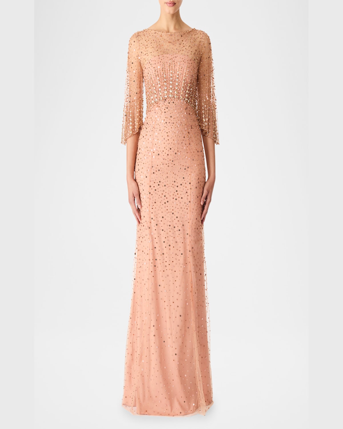 Jenny Packham Kiya Embellished Elbow-sleeve Illusion Gown In Sable