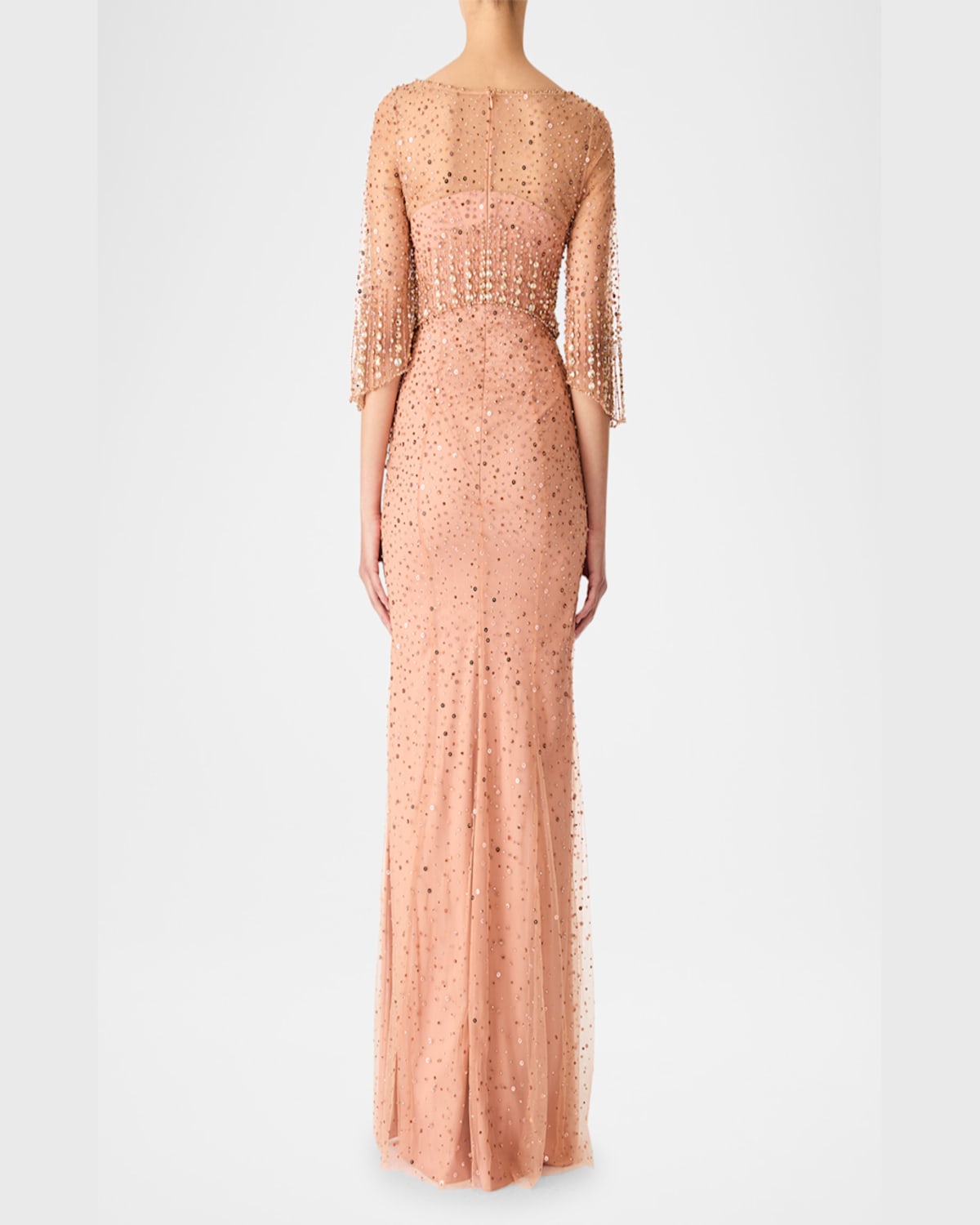 Jenny Packham Kiya Embellished Elbow-sleeve Illusion Gown In Sable