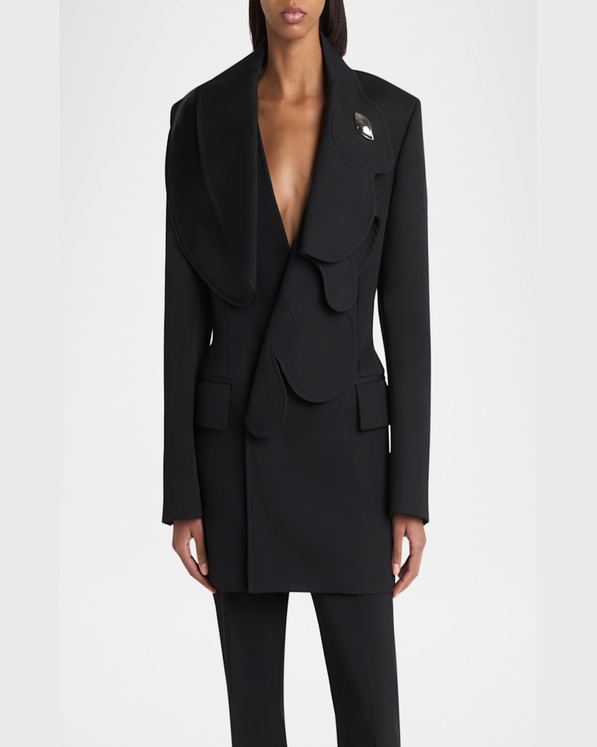 Bottega Veneta Bunny Lapel Brooch Compact Wool Jacket In Nero
