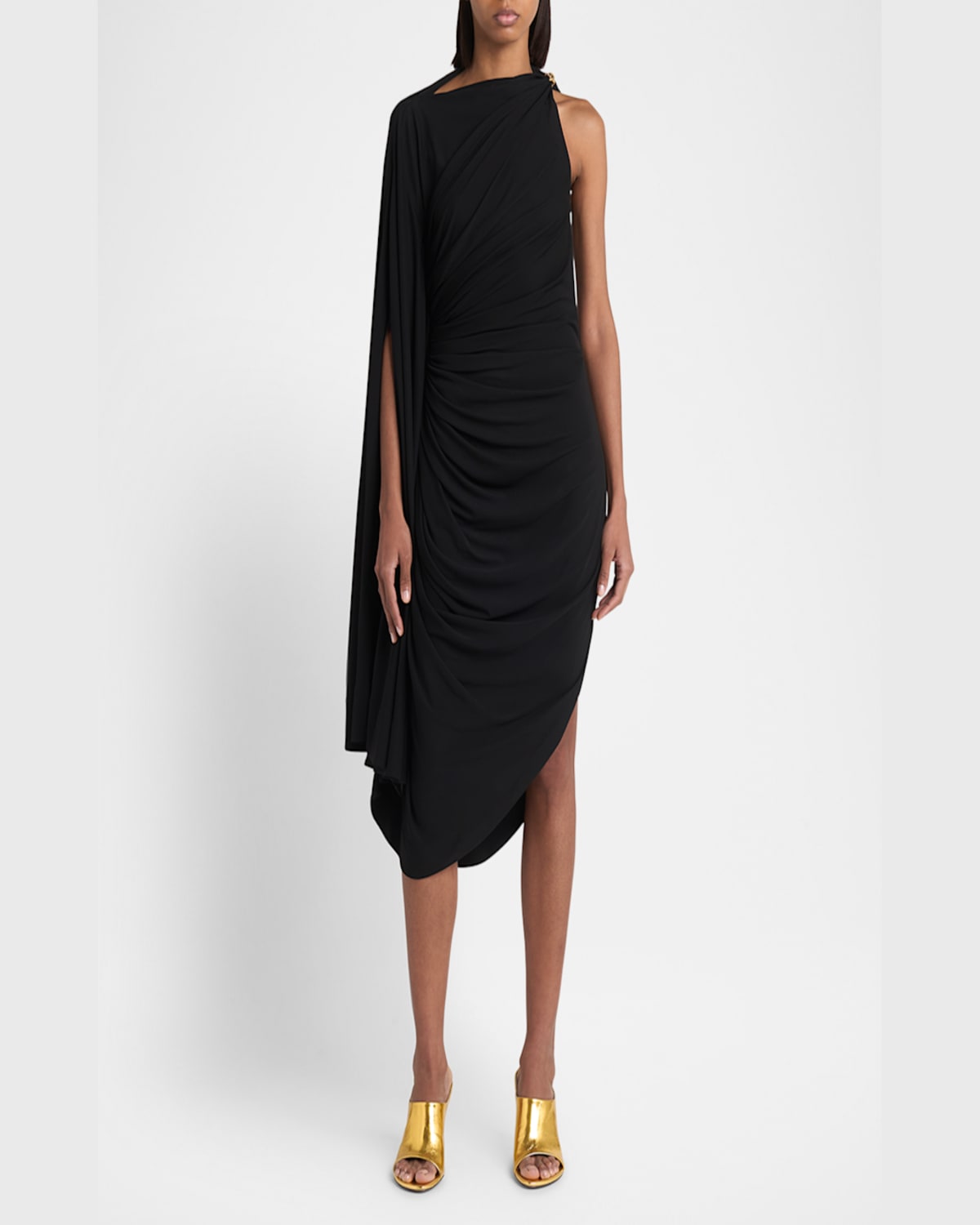Shop Bottega Veneta Frog Draped Matte Viscose Jersey Cape Dress In Nero
