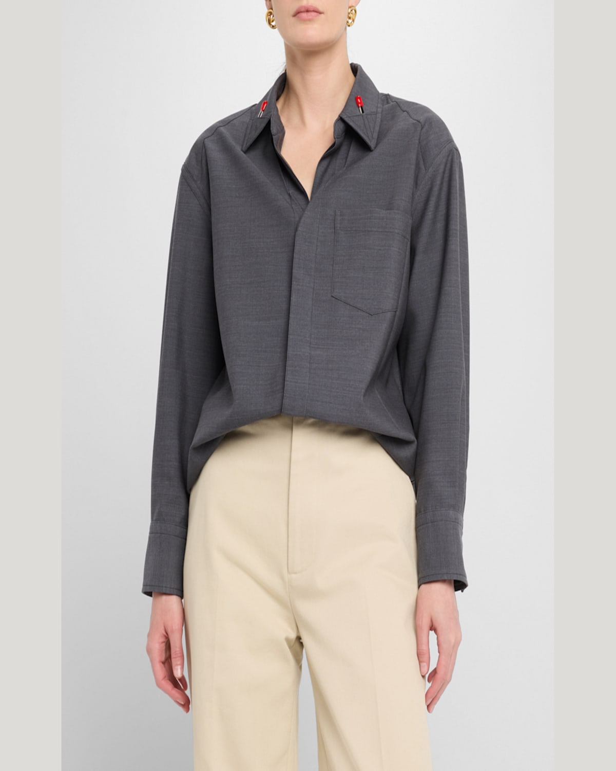 Bottega Veneta Matches-collar Travel Light Wool Shirt In Dark Grey Melange