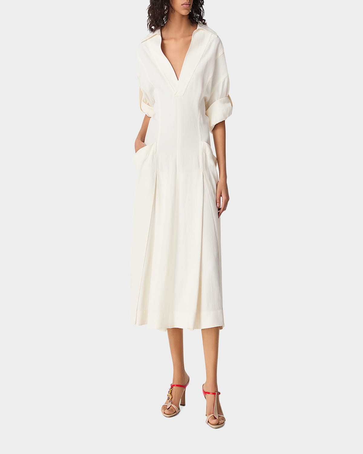 Shop Bottega Veneta Fit-and-flare Grainy Midi Dress With Frog Embellishments In Chalk Wht