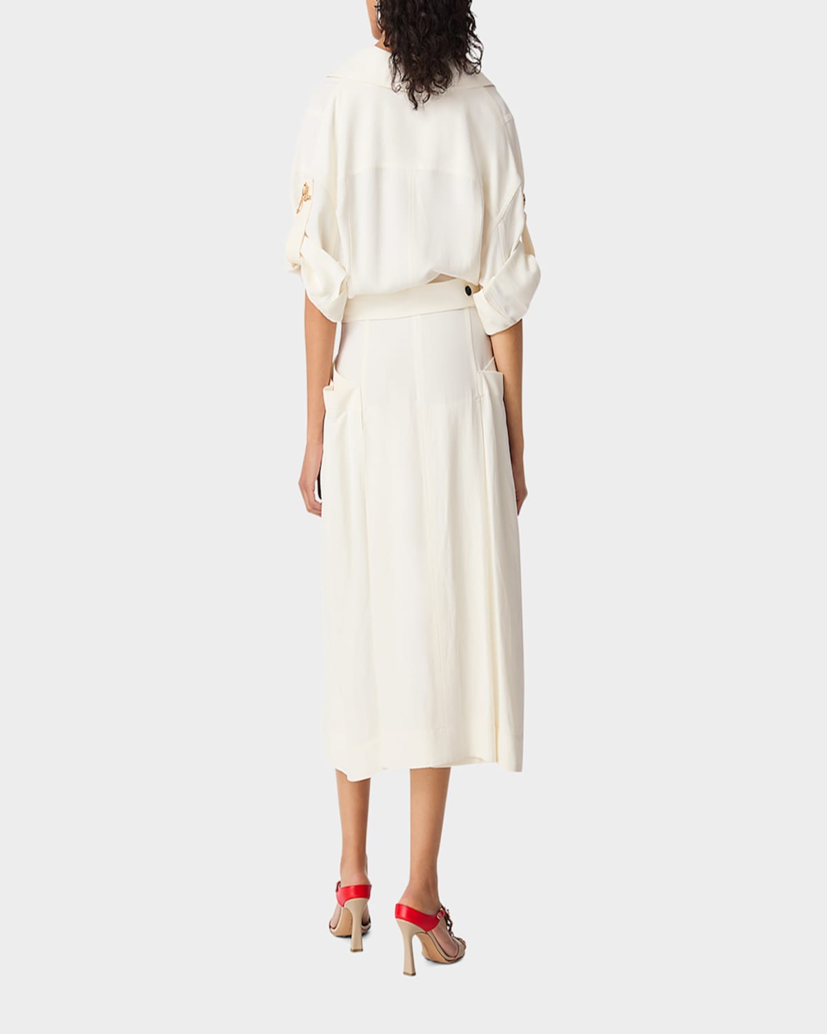 Shop Bottega Veneta Fit-and-flare Grainy Midi Dress With Frog Embellishments In Chalk Wht
