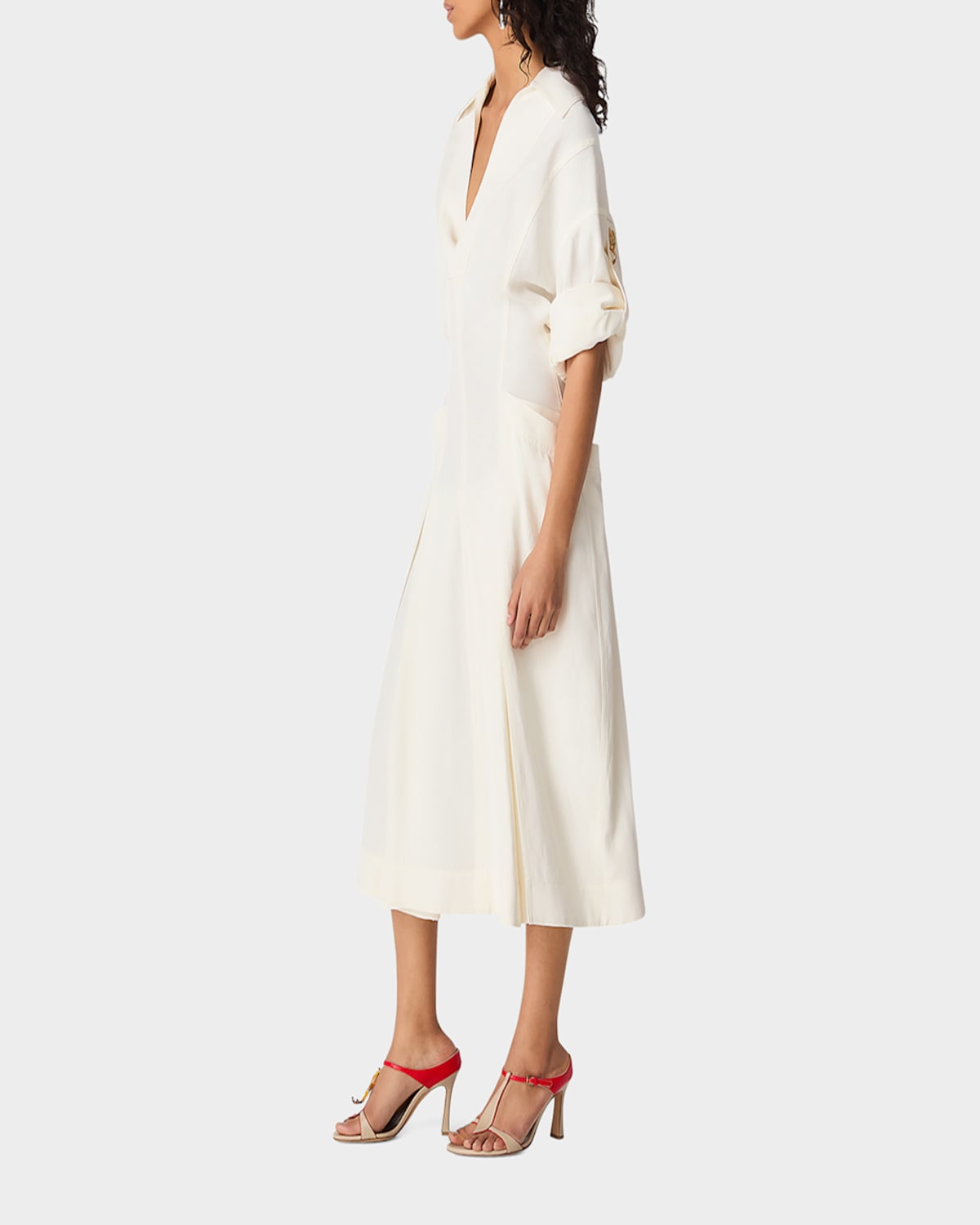 Shop Bottega Veneta Fit-and-flare Grainy Midi Dress With Frog Embellishments In Chalk Wht