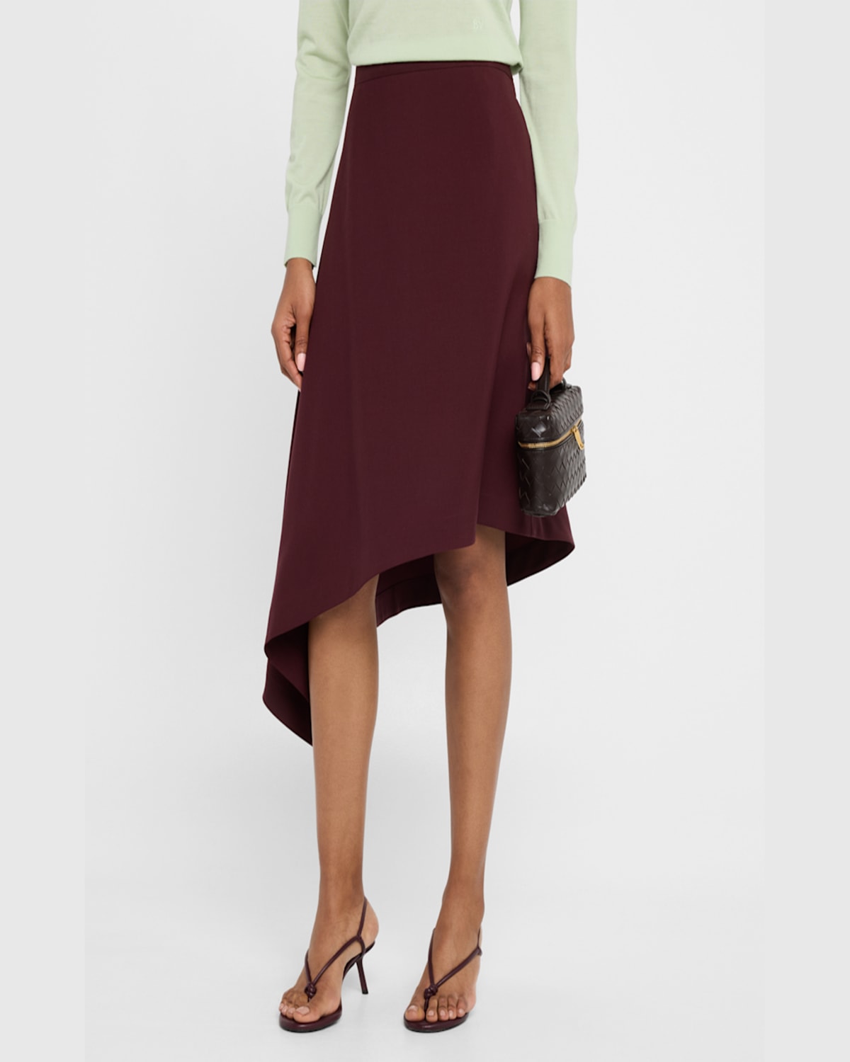 BOTTEGA VENETA ASYMMETRIC LIGHT SARTORIAL WOOL MIDI SKIRT 
