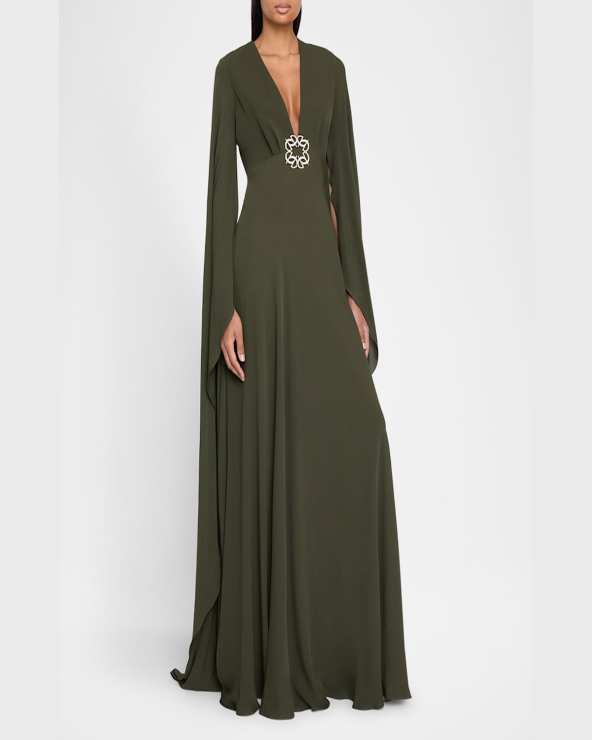 Elie Saab Plunging Crystal Cape-sleeve Silk Gown