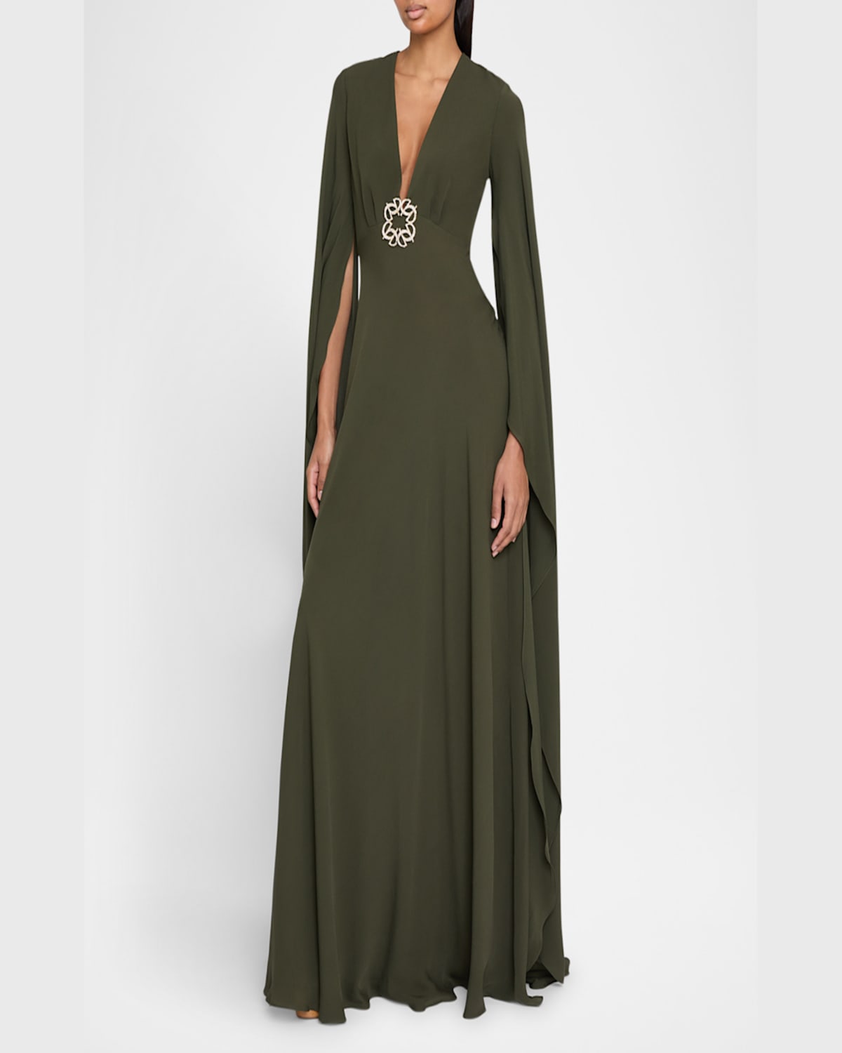 Elie Saab Plunging Crystal Cape-sleeve Silk Gown