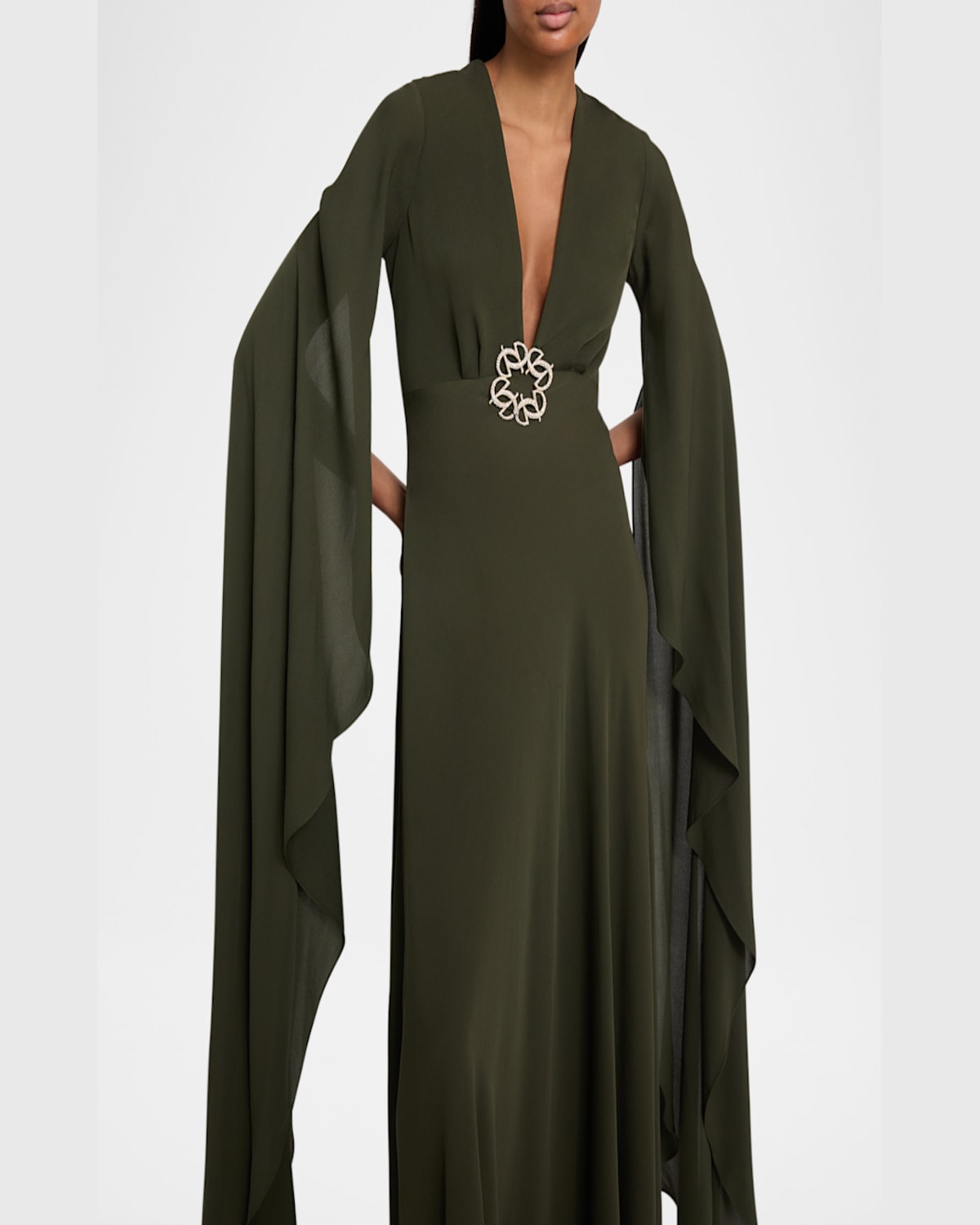 Elie Saab Plunging Crystal Cape-sleeve Silk Gown