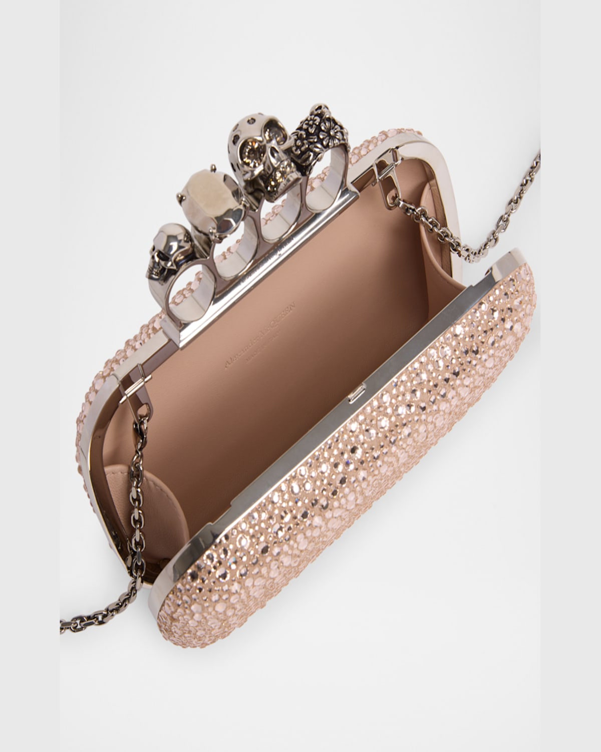 Alexander Mcqueen Skull Four Ring Embellished Leather Clutch Bag In Pink