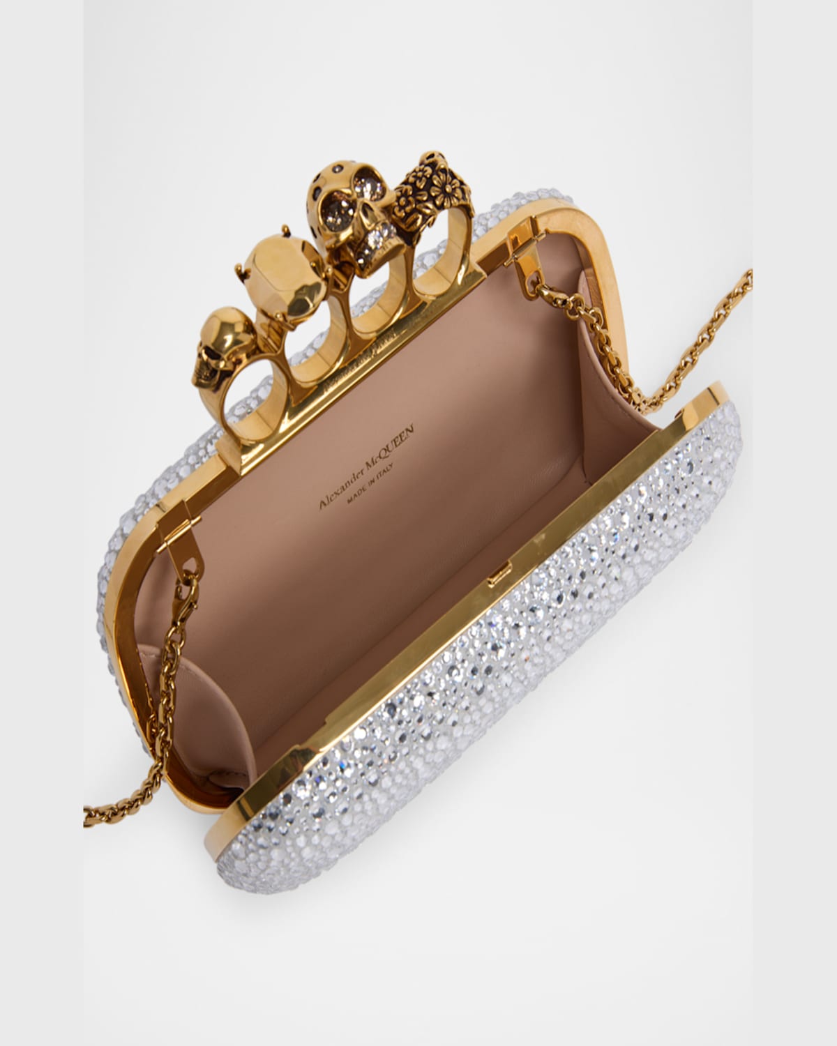 ALEXANDER MCQUEEN SKULL FOUR RING EMBELLISHED LEATHER CLUTCH BAG 
