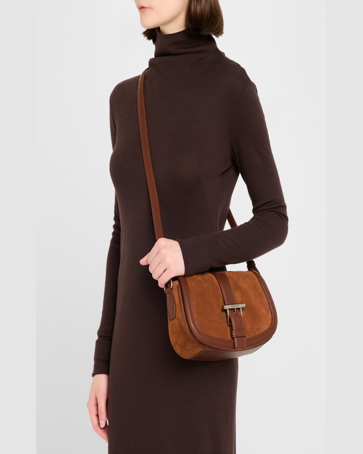 Alexander Mcqueen Satchel Brown Crossbody Bag With T-buckle And Embossed Logo In Suede Woman In Dark Brown Silver