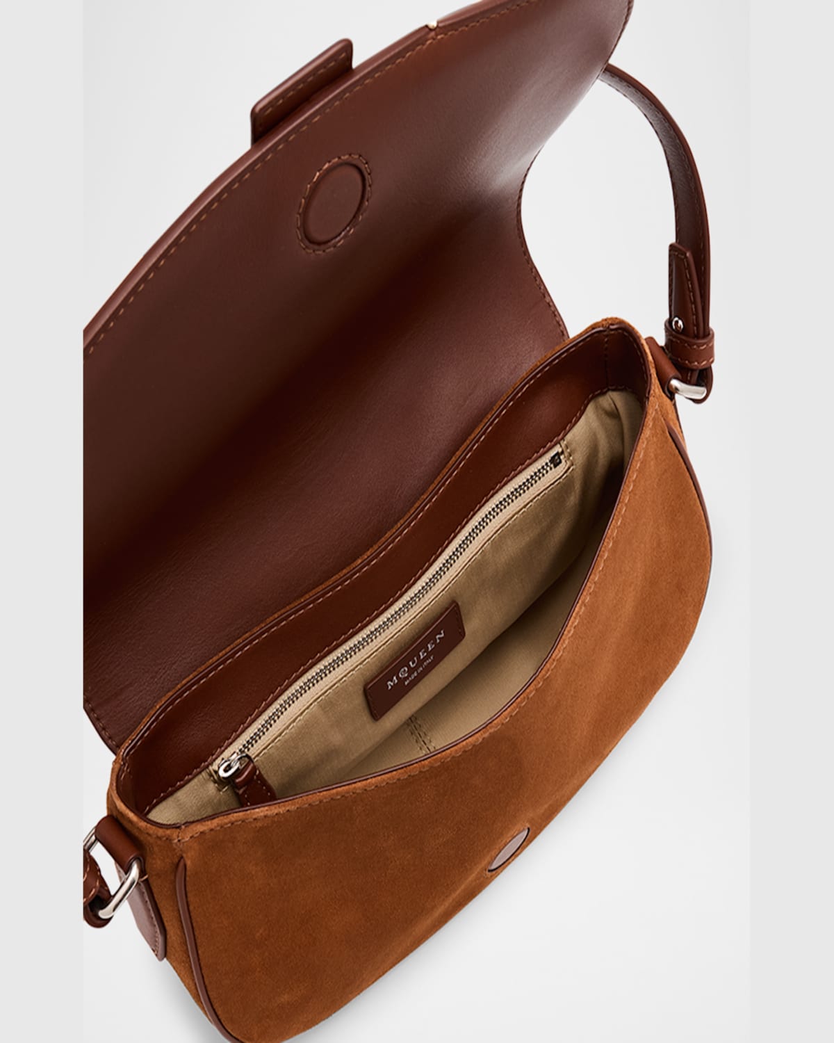 Alexander Mcqueen Satchel Brown Crossbody Bag With T-buckle And Embossed Logo In Suede Woman In Dark Brown Silver