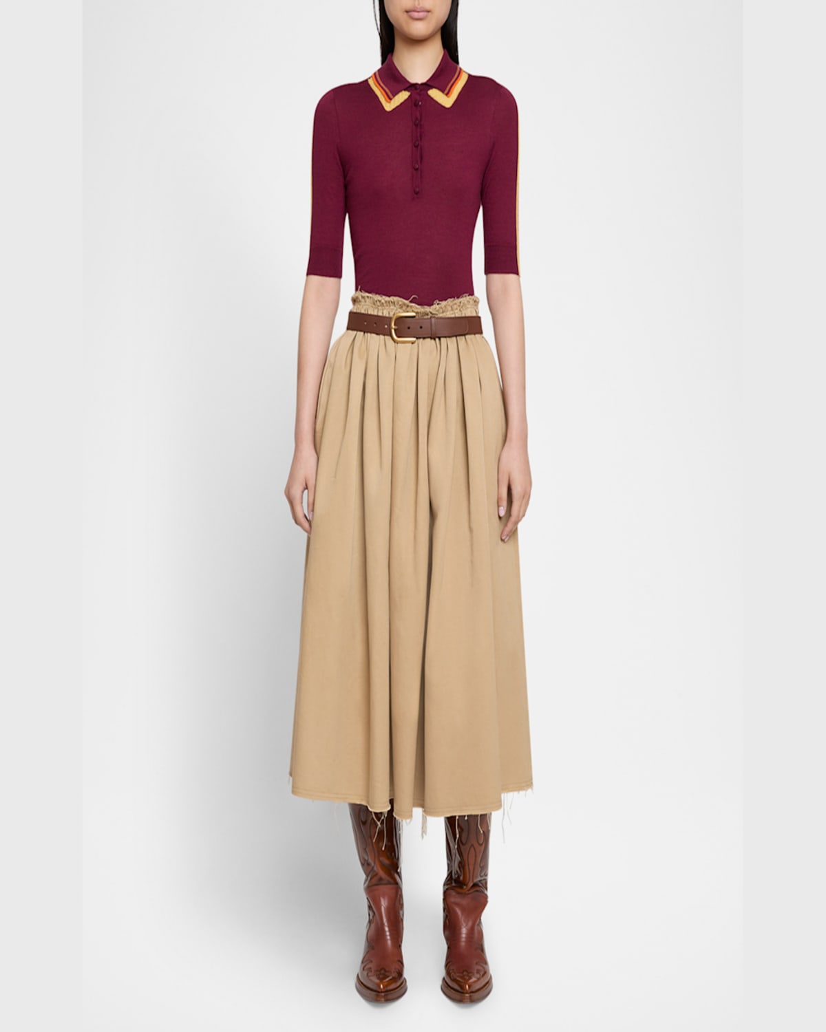Gabriela Hearst Chiara Frayed Poplin Midi Skirt In Camel