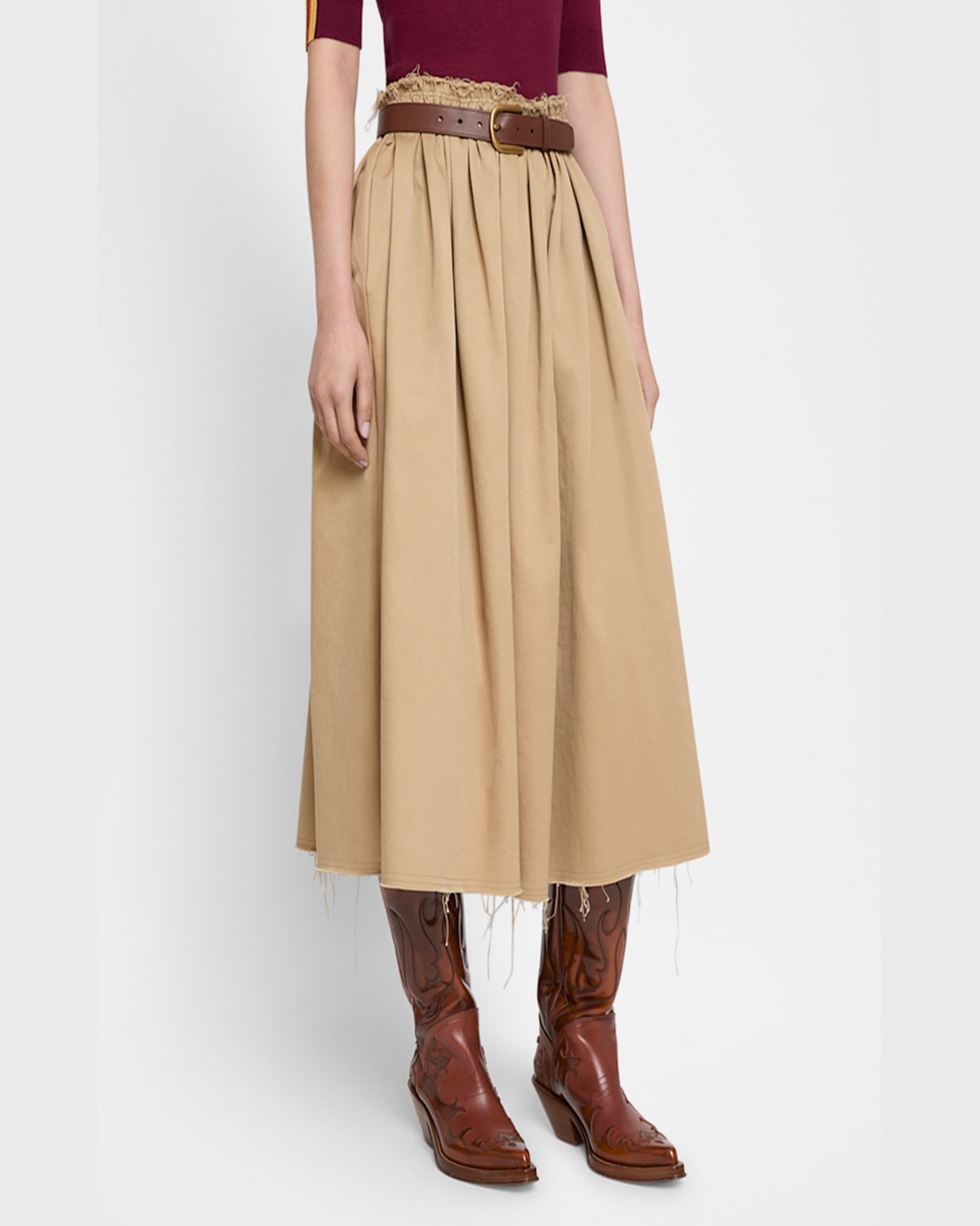 Gabriela Hearst Chiara Frayed Poplin Midi Skirt In Camel