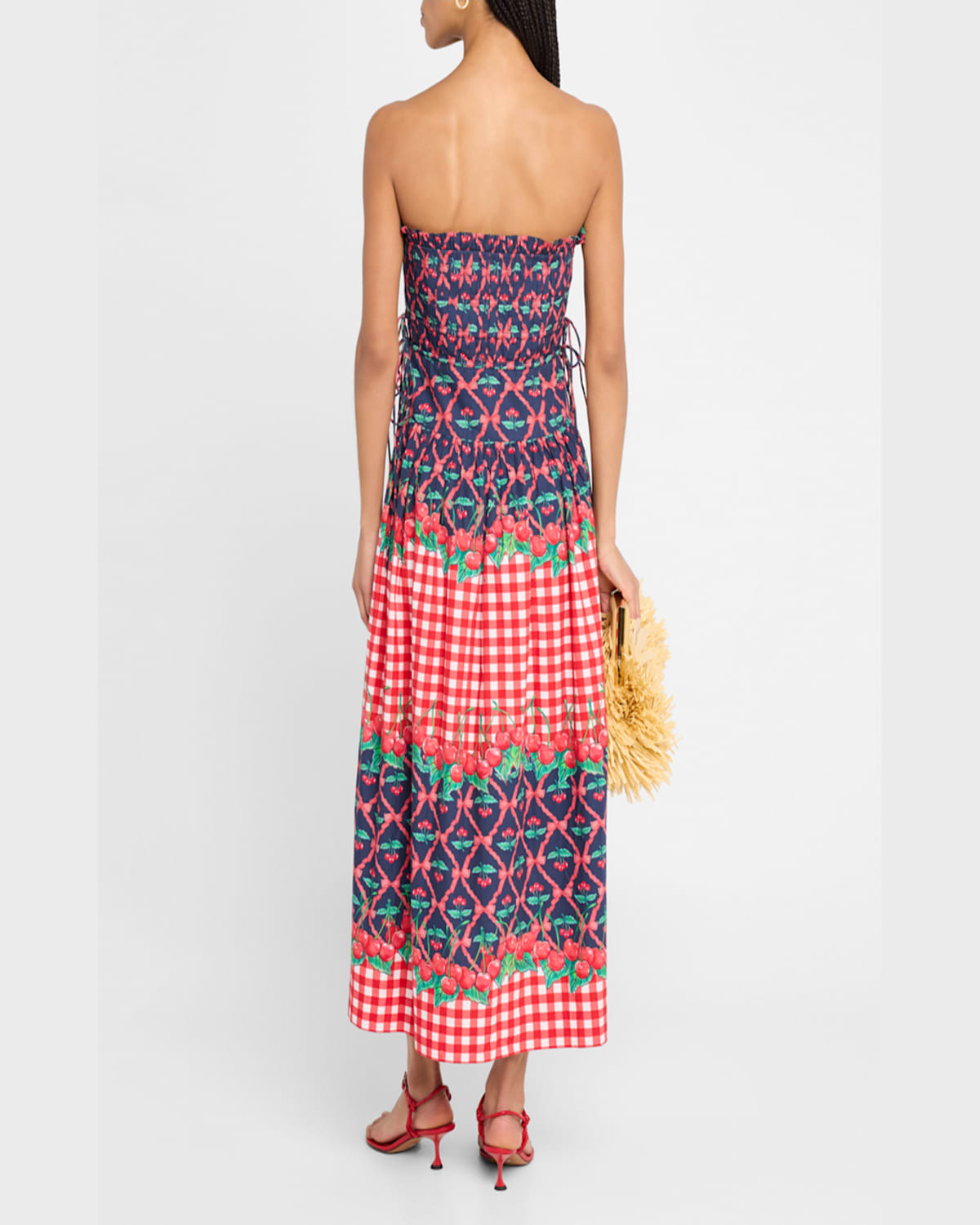 Shop Damson Madder Kelia Cherry Pie Strapless Midi Dress In Navyred