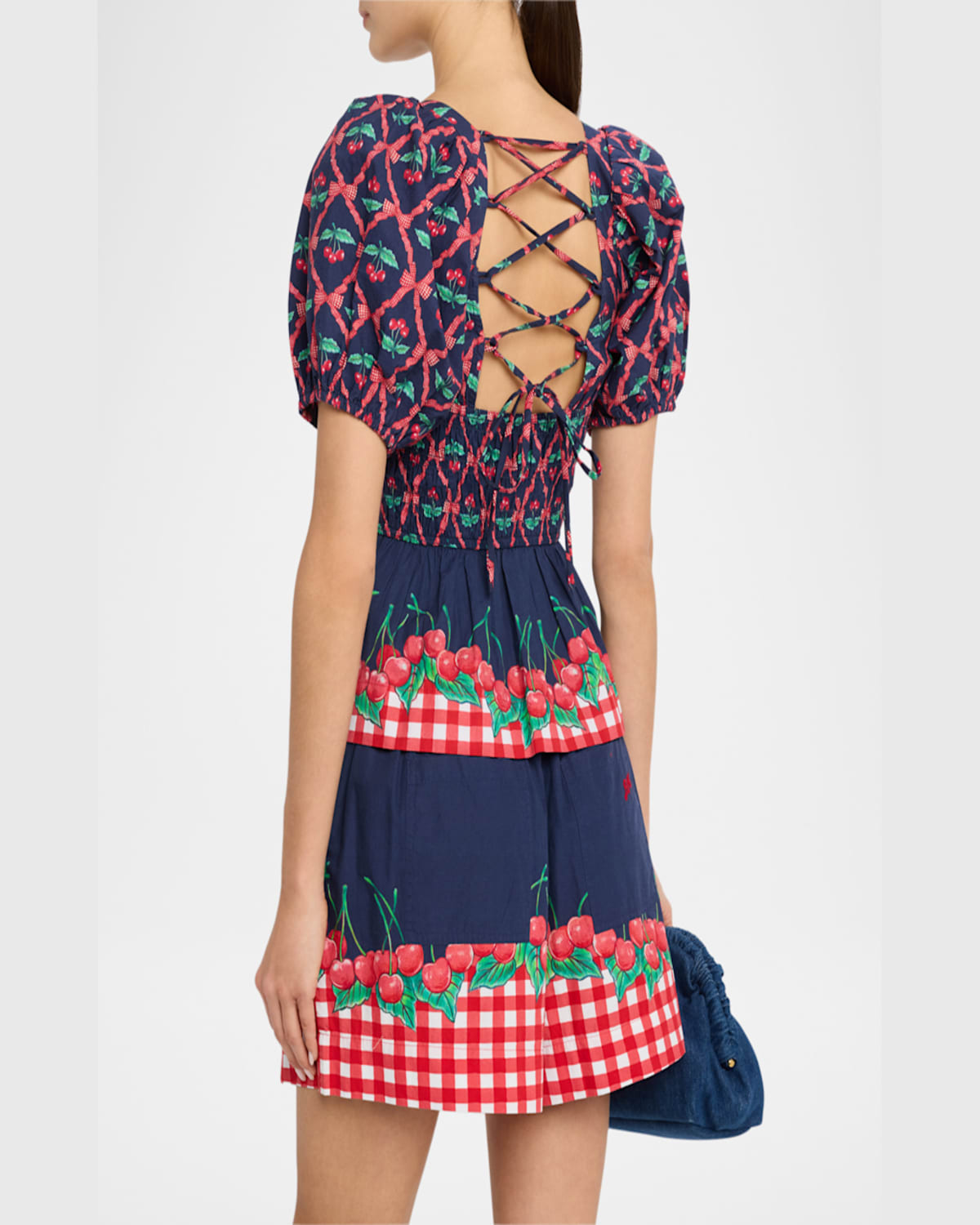 Damson Madder Allegra Cherry Pie Smocked Organic Cotton Peplum Top In Navyred