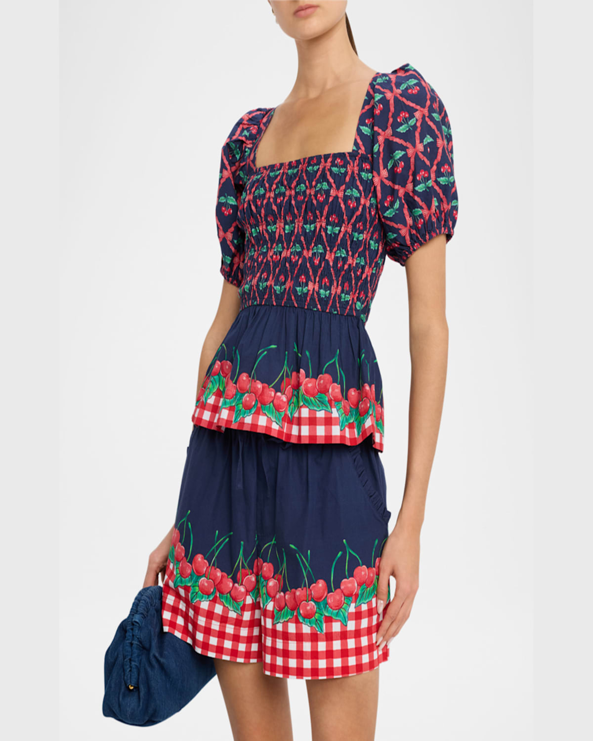Damson Madder Allegra Cherry Pie Smocked Organic Cotton Peplum Top In Navyred