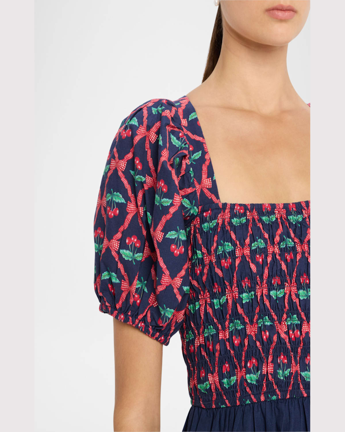 Damson Madder Allegra Cherry Pie Smocked Organic Cotton Peplum Top In Navyred