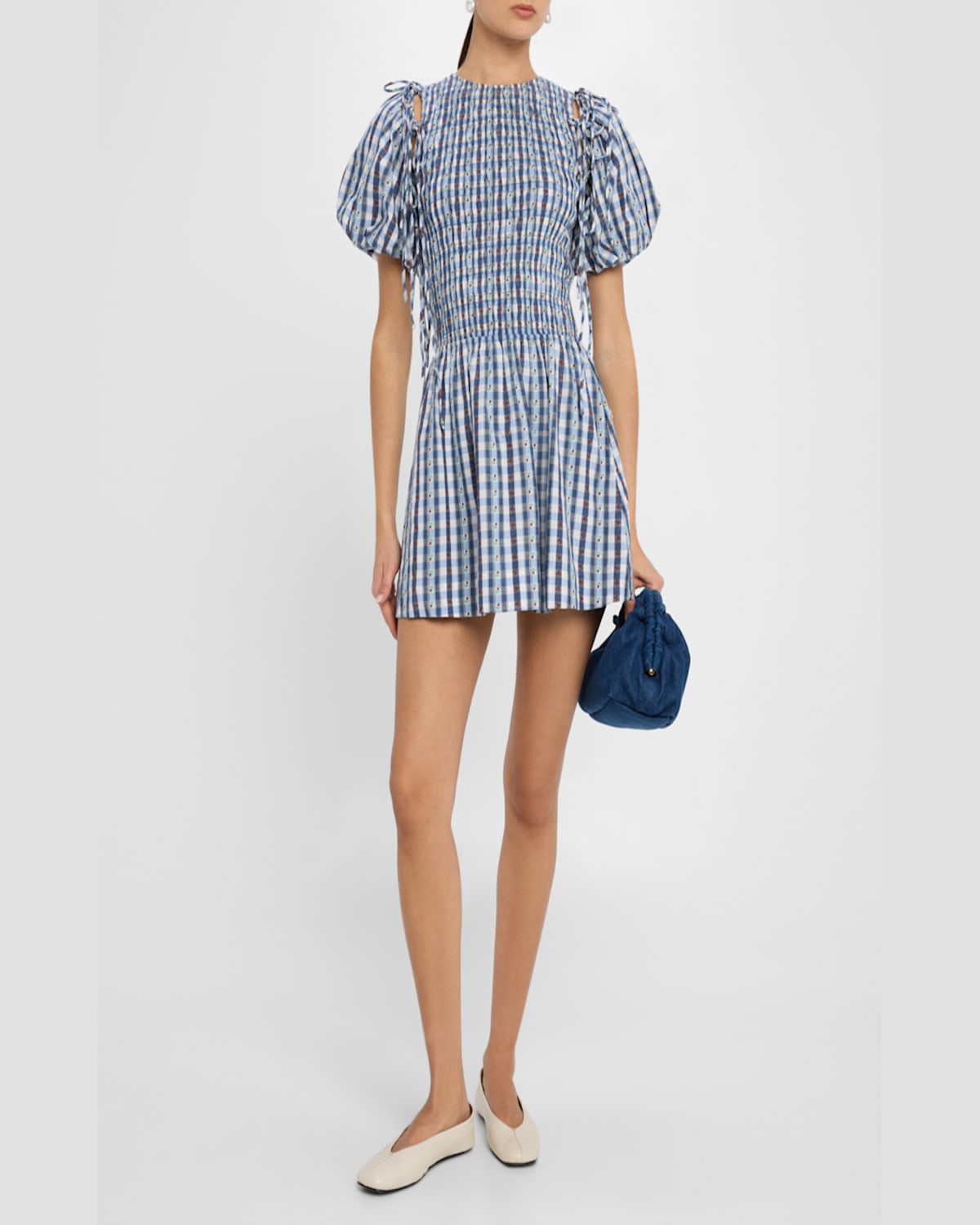 DAMSON MADDER BECCA PUFF-SLEEVE CHECK MINI DRESS 