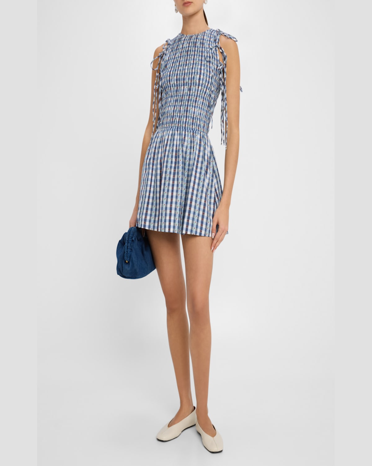 Shop Damson Madder Becca Puff-sleeve Check Mini Dress In Navy