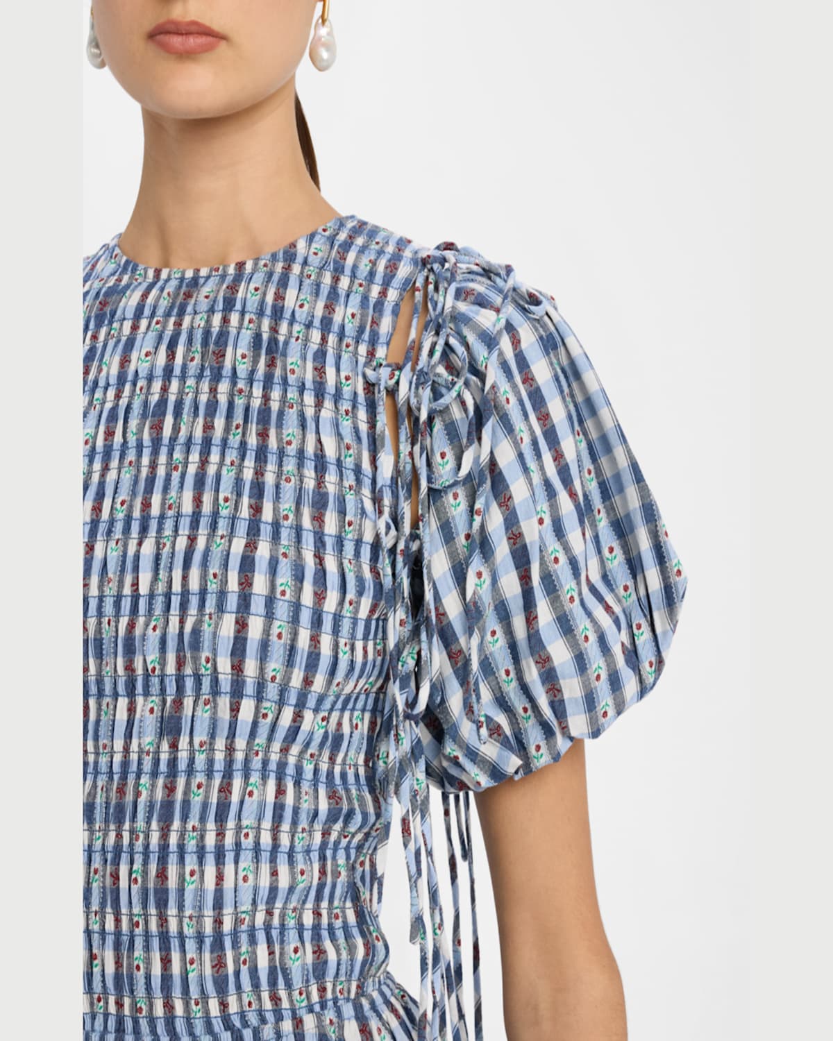 Shop Damson Madder Becca Puff-sleeve Check Mini Dress In Navy