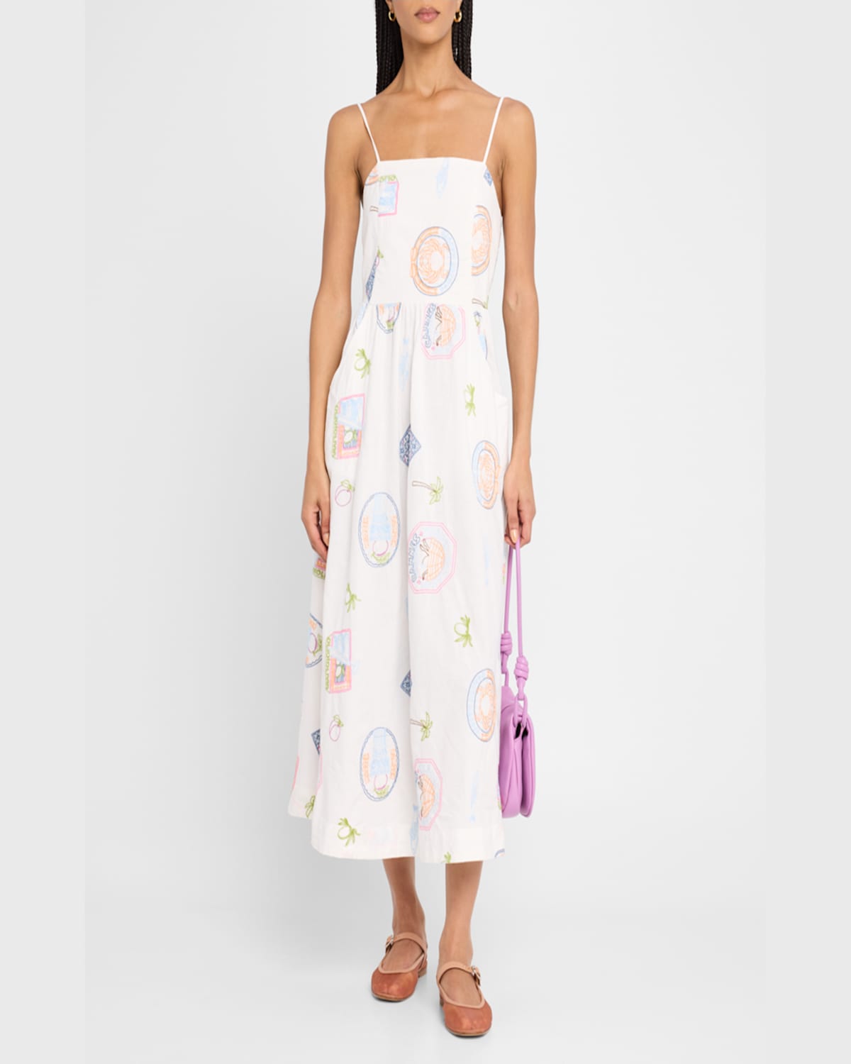 DAMSON MADDER PEACHES EMBROIDERED APRON MIDI DRESS 
