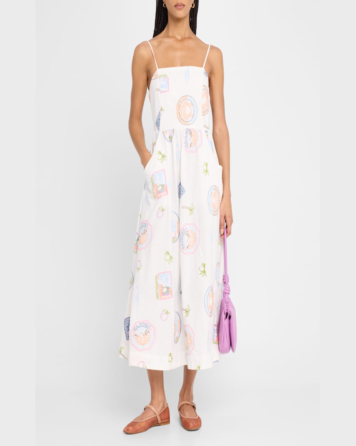 DAMSON MADDER PEACHES EMBROIDERED APRON MIDI DRESS 