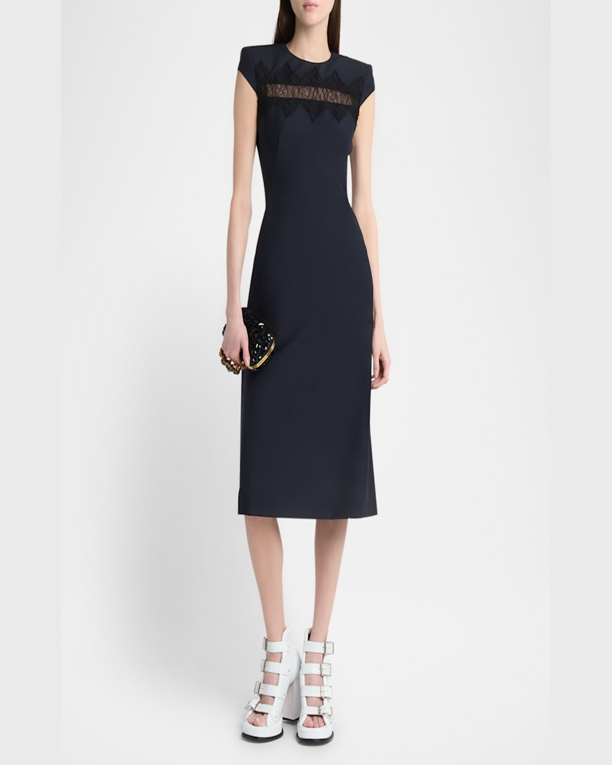 Shop Alexander Mcqueen Spider Lace Cap-sleeve Wool Mohair Midi Dress In Navy