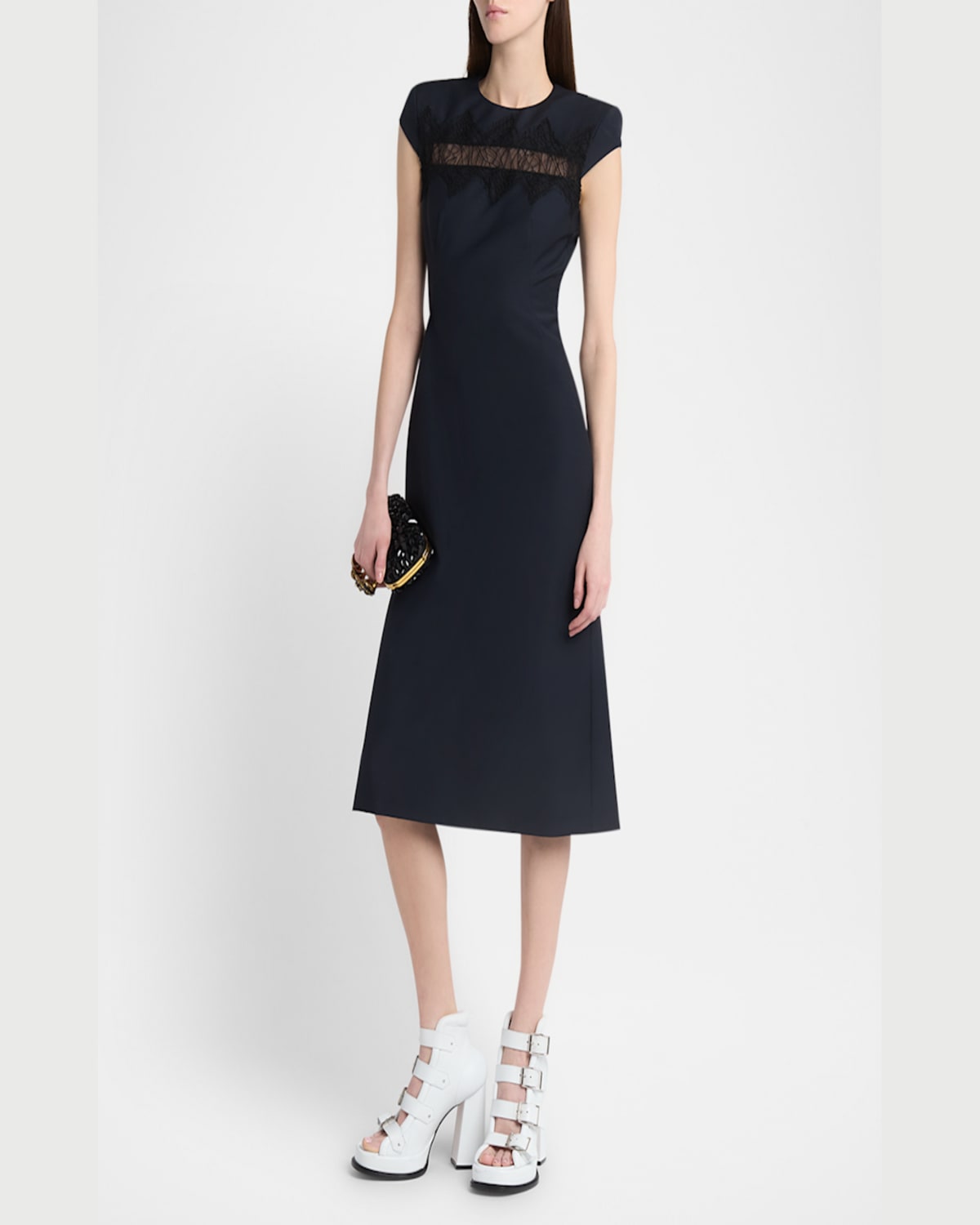Shop Alexander Mcqueen Spider Lace Cap-sleeve Wool Mohair Midi Dress In Navy