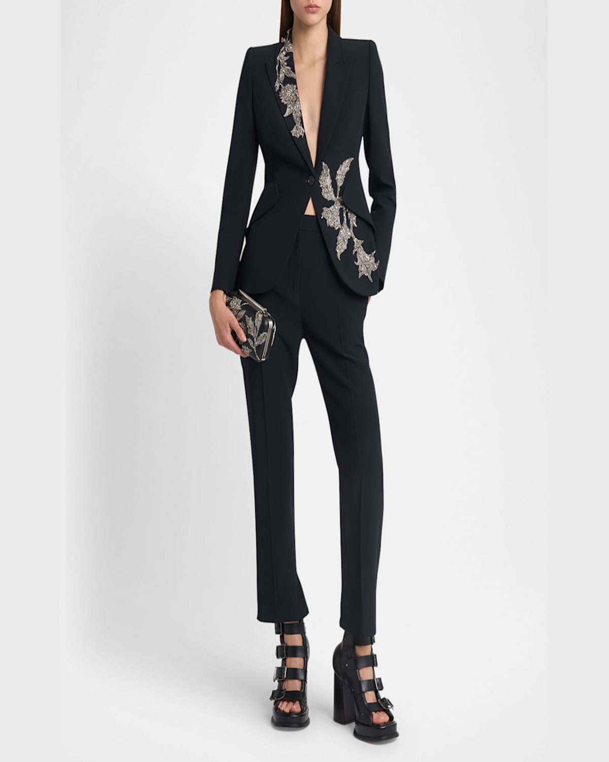 Alexander Mcqueen Floral Crystal One-button Crepe Blazer In Black