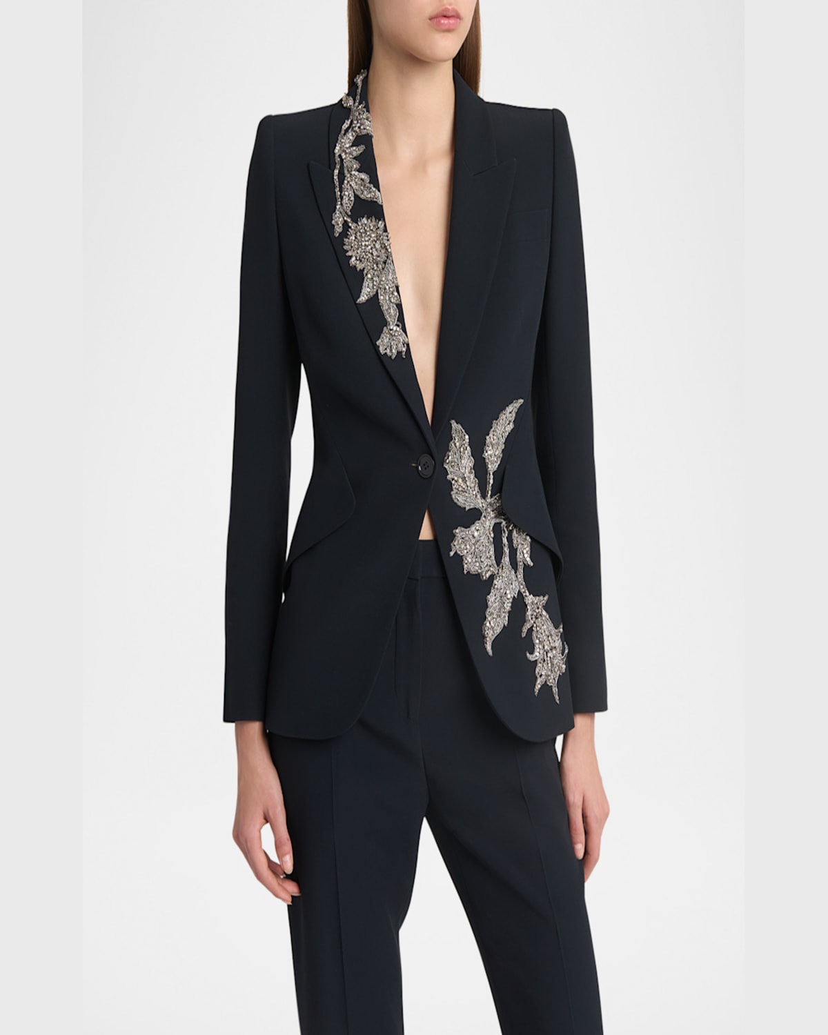 Alexander Mcqueen Floral Crystal One-button Crepe Blazer In Black