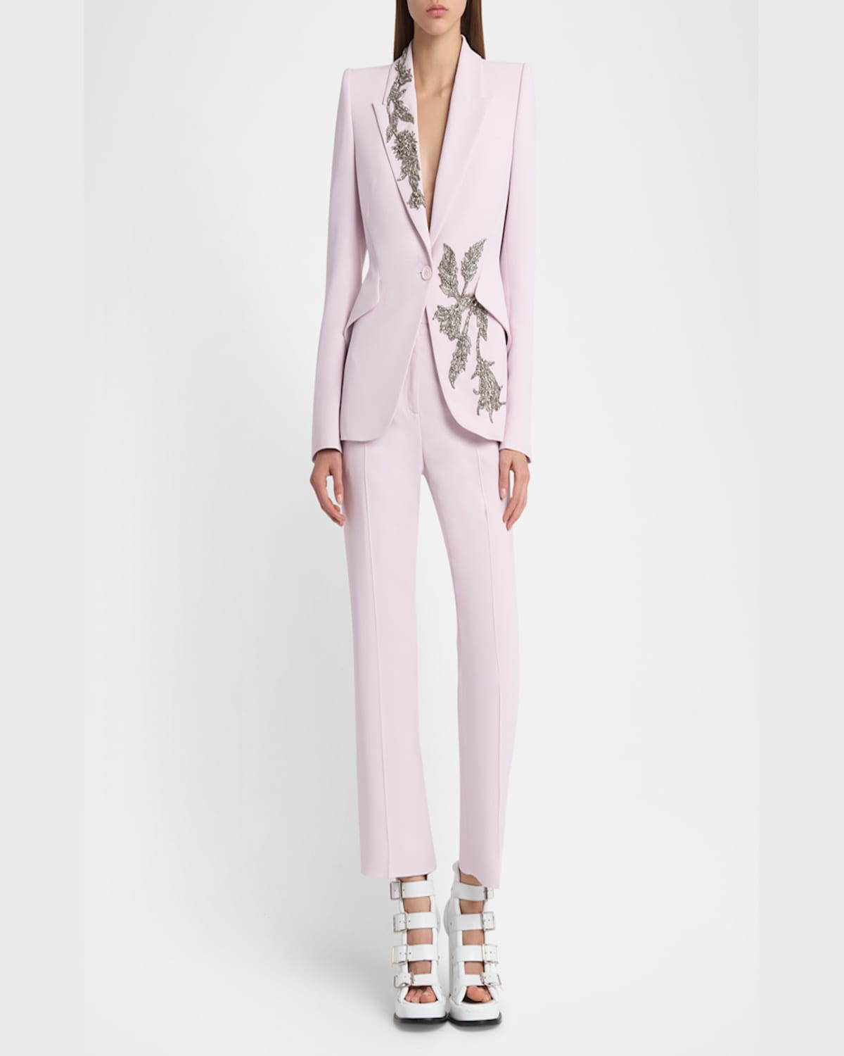 Alexander Mcqueen Floral Crystal One-button Crepe Blazer In Mauve